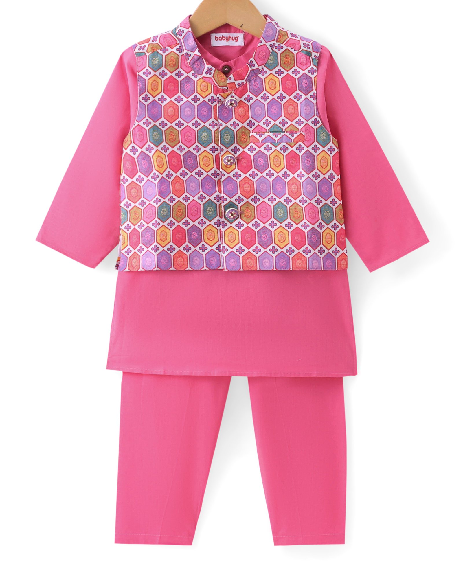Babyhug Cambric Woven Full Sleeves Solid Colour Kurta Pyjama Set with Floral Printed Nehru  Jacket  -  Pink-picture-21