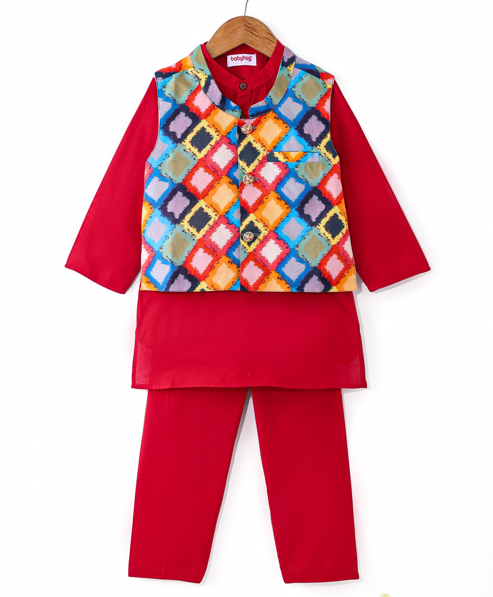 Babyhug Cambric Woven Full Sleeves Solid Colour Kurta Pyjama Set with Printed Jacket -  Maroon-picture-22