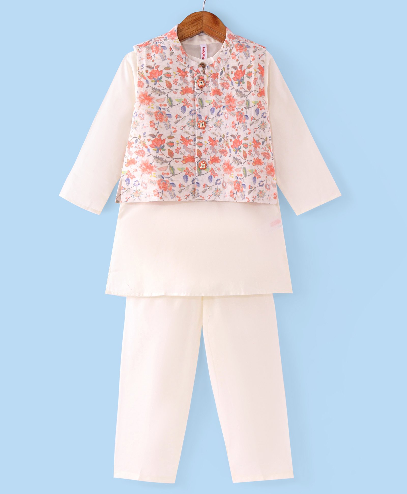 Babyhug Cambric Cotton Woven Full Sleeves Solid Kurta with Pyjama Pants & Floral Printed Jacket - White-picture-12