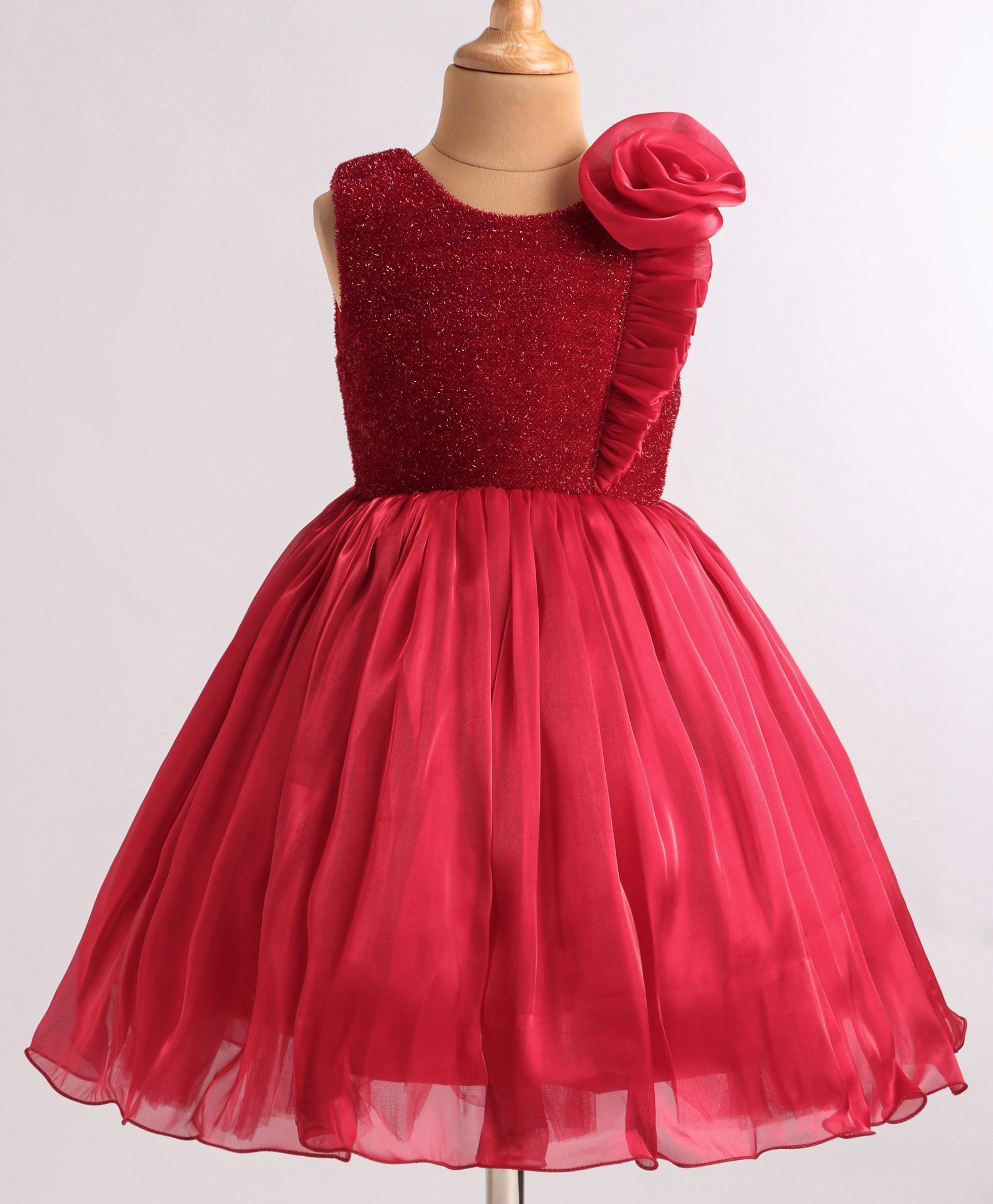 Bluebell Satin Woven Sleeveless Textured Party Wear Frock with Floral Applique - Maroon-image-19