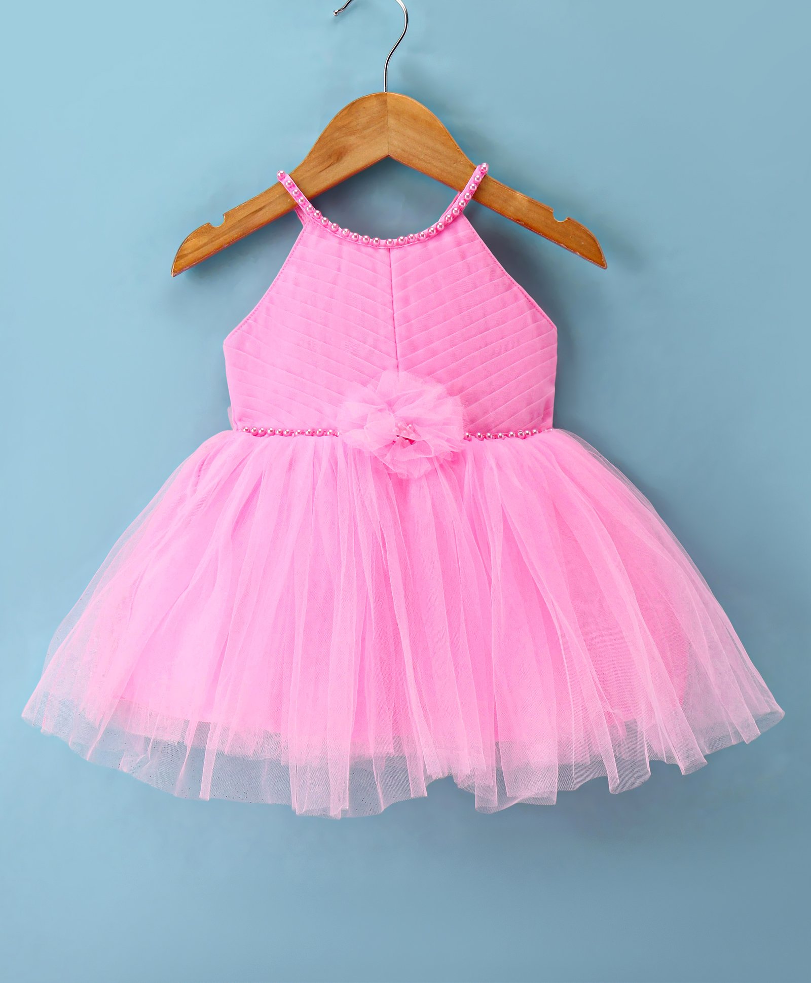Bluebell Net Sleeveless Halter Neck Frock with Floral Applique & Pleated Yoke - Red-picture-12