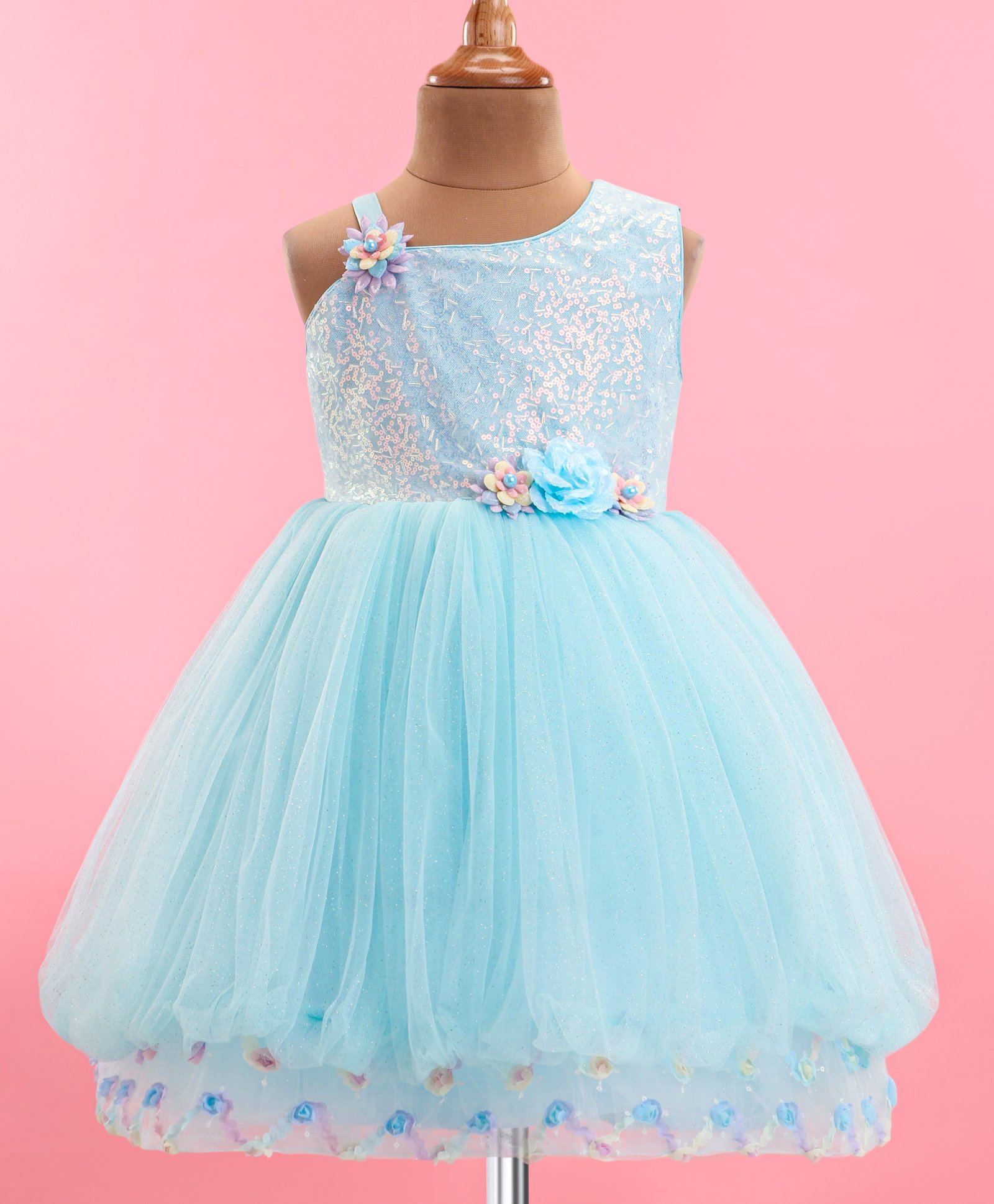 Bluebell Net Woven One Shoulder Sleeves Shimmered Balloon Party Frock with Floral Applique - Sky Blue-picture-13