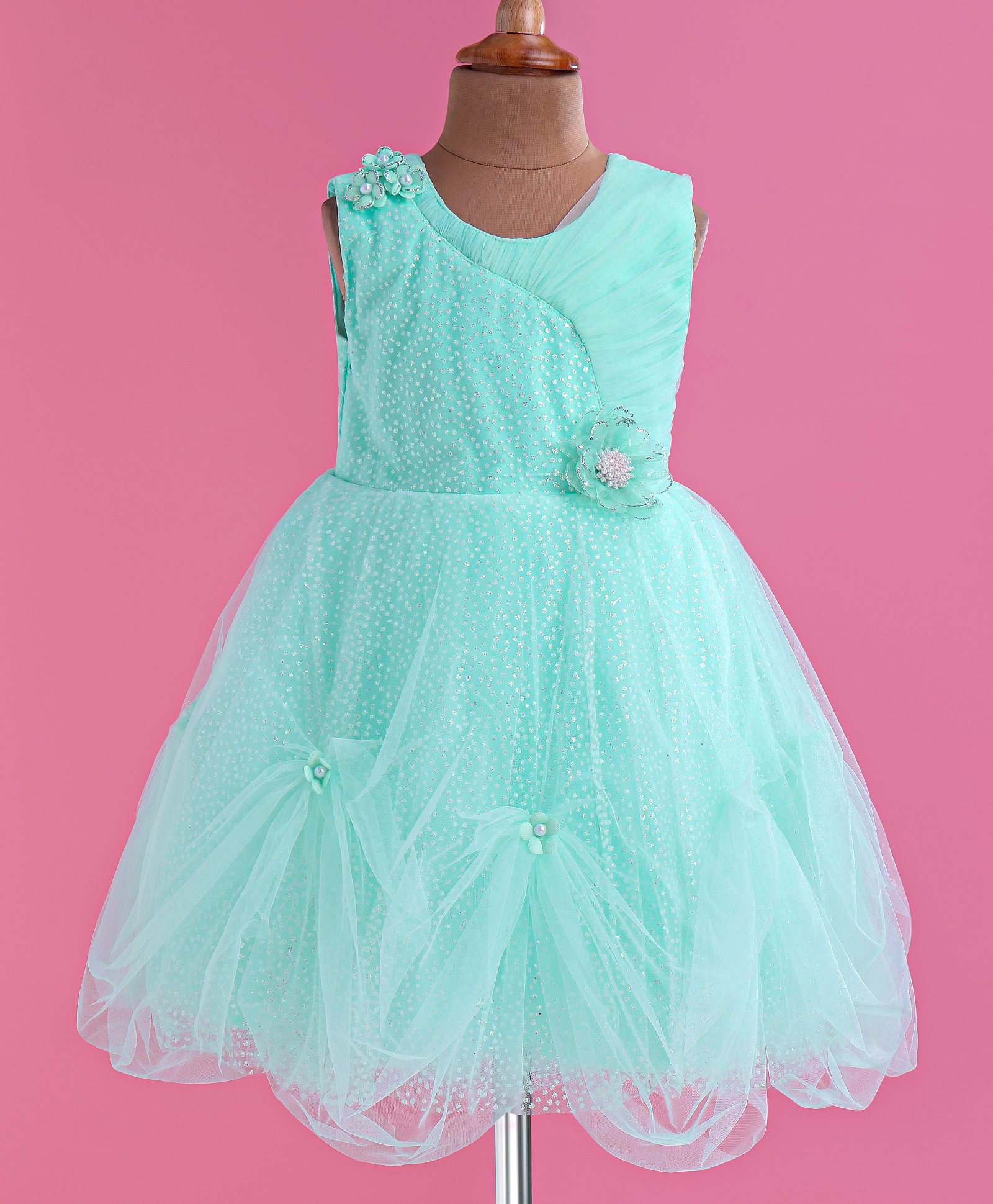 Bluebell Net Sleeveless Floral Corsage with Beads & Sequins Detailing Party Frock -Sea Green-image-18