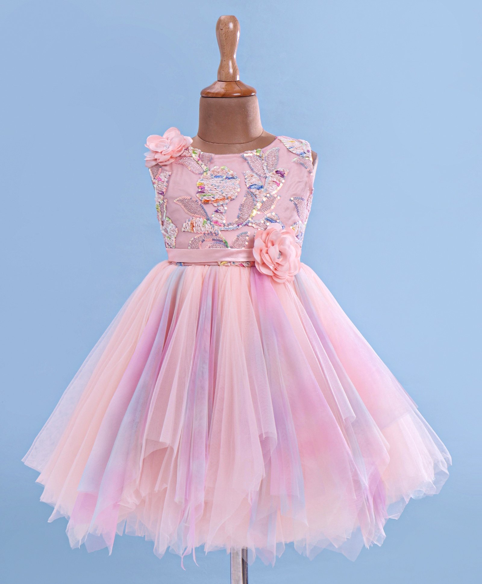 Bluebell Net Sleeveless Floral Embroidered & Sequinned Detailing Party Frock - Peach-picture-10