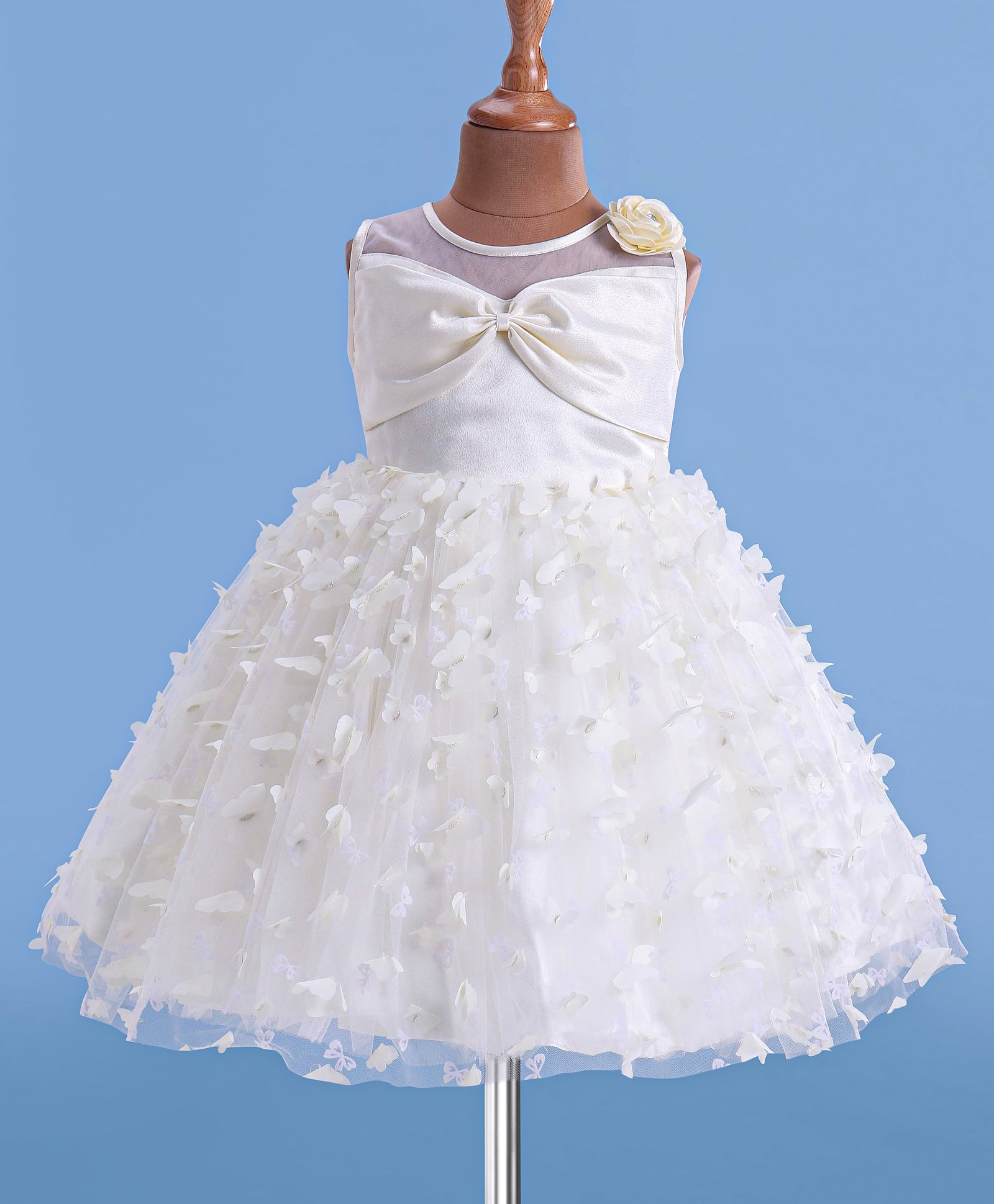 Bluebell Satin Sleeveless 3D Butterfly & Bow Detailing Flared Party Frock - Cream-image-33