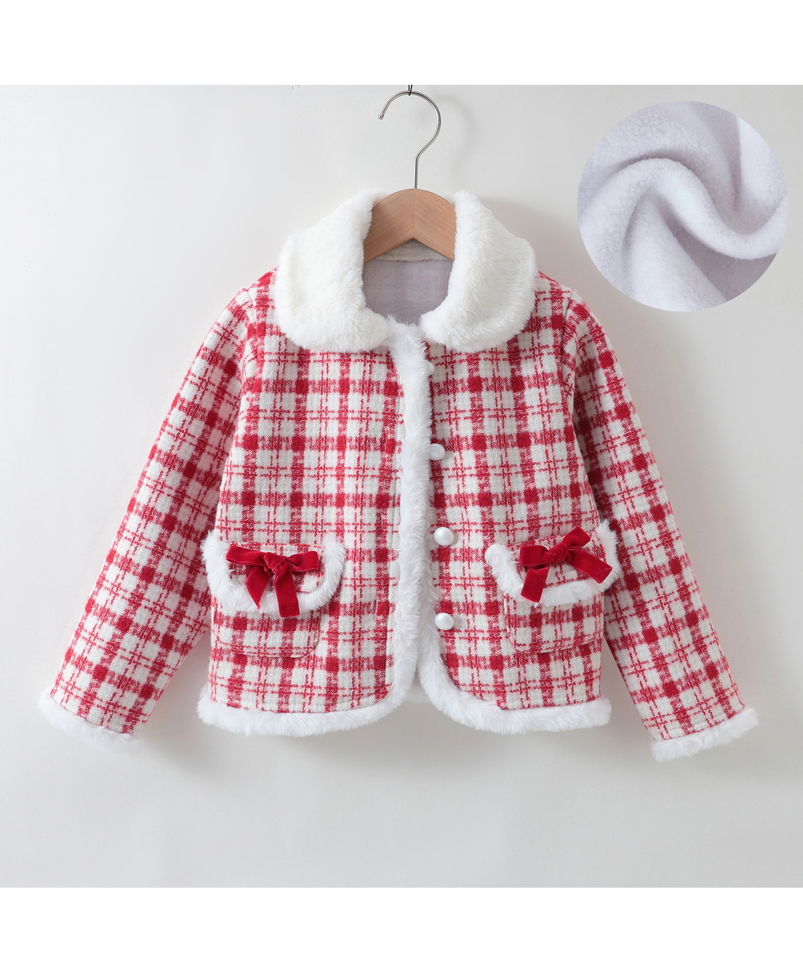 Kookie Kids Full Sleeves Collared Neck Winter Jacket With Checks Design & Bow Applique - Red-image-20