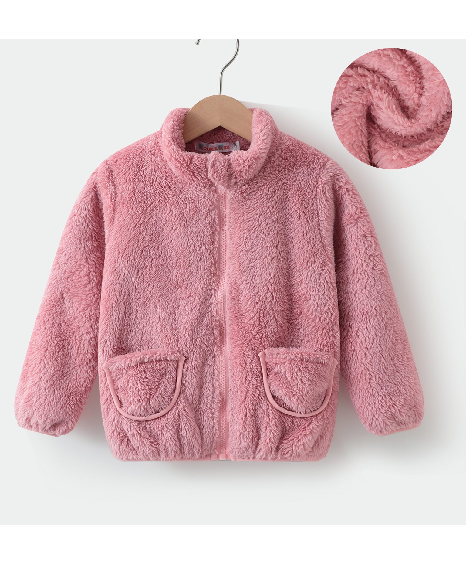 Kookie Kids Full Sleeves High Neck Fur Winter Jacket with Solid Colour - Pink-image-42