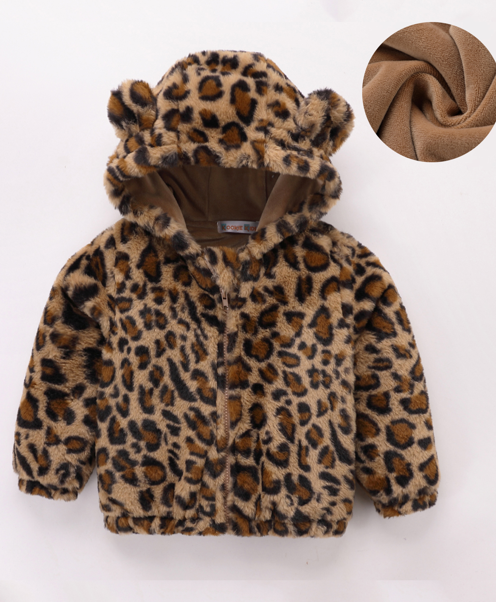 Kookie Kids Full Sleeves Front Open Hooded Jacket with Cheetah Print Design - Brown-picture-31