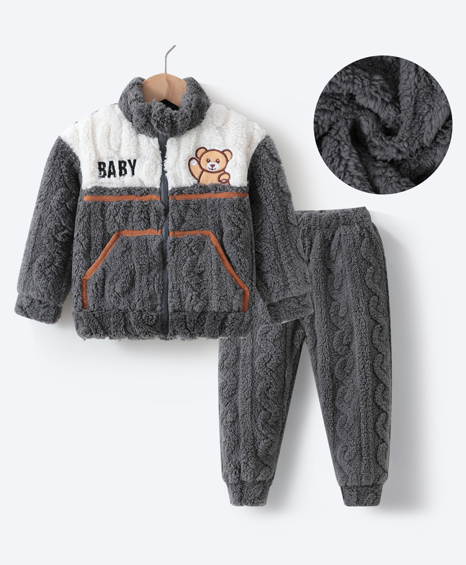 Kookie Kids Full Sleeves Front Zipper Winter Wear Suit With Teddy Embroidery - Grey & White-image-42