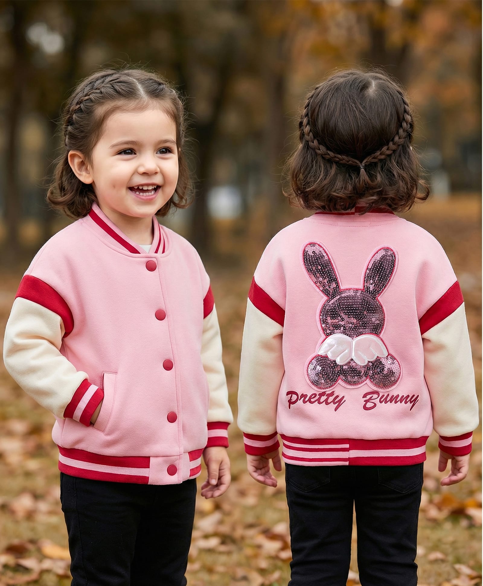 Kookie Kids Full Sleeves Bomber Jacket with Sequinned Bunny at Back - Pink-image-45