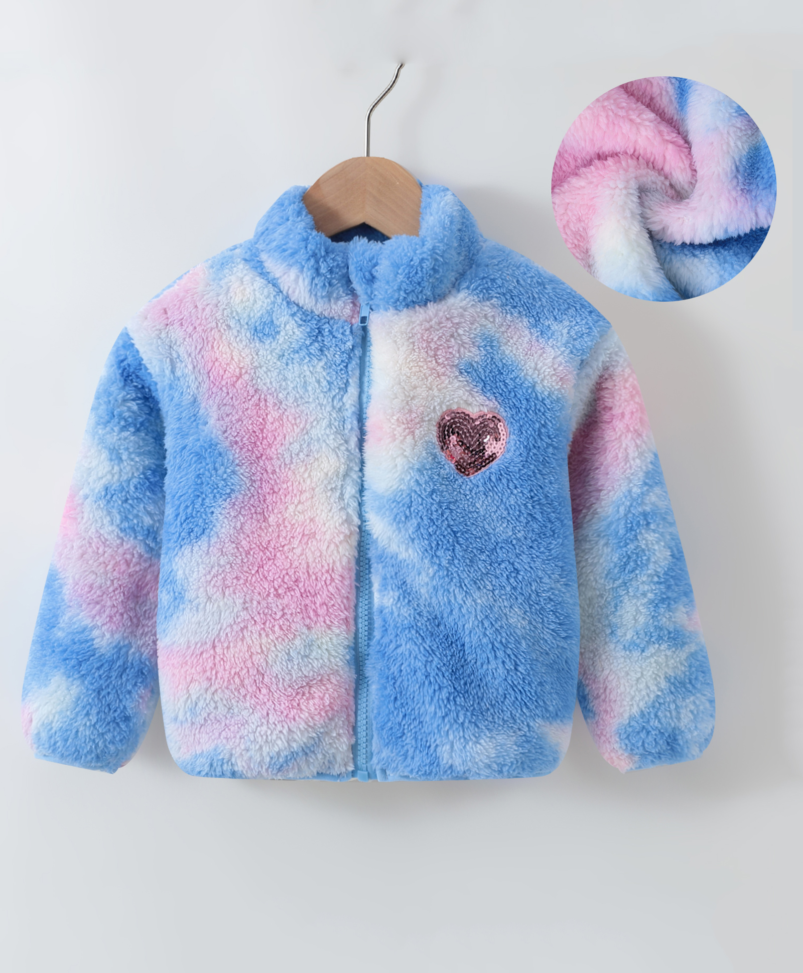 Kookie Kids Full Sleeves High Neck Fur Winter Jacket with Tie & Dye Design & Sequin Heart Embroidery - Multicolour-image-6