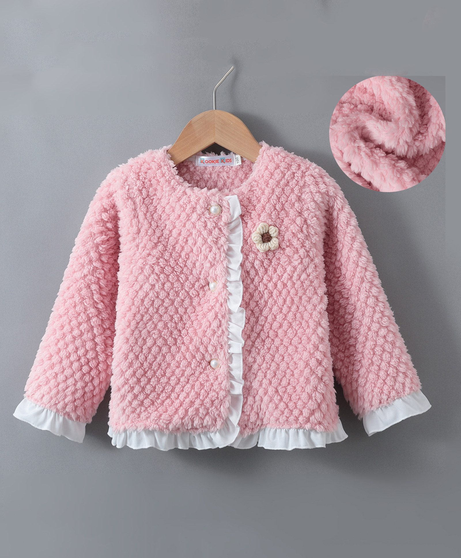 Kookie Kids Full Sleeves Front Open Fur Jacket With Quilted Design & Floral Applique - Pink-picture-32