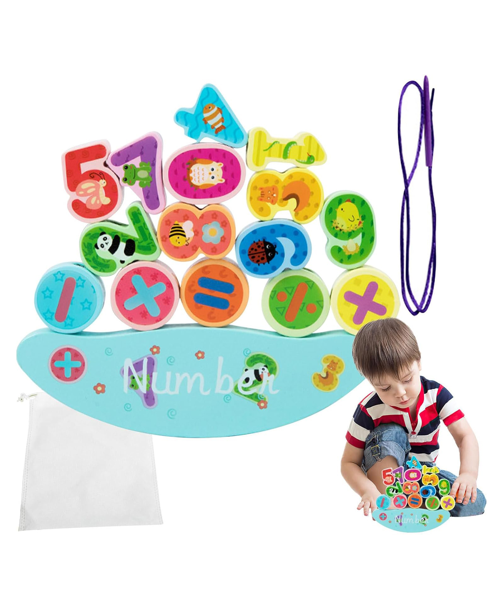 Urbane Chic Wooden Balance Block Stacking Toys Lacing Beads Toys for kids- Number-16 piece(color may very)-picture-32