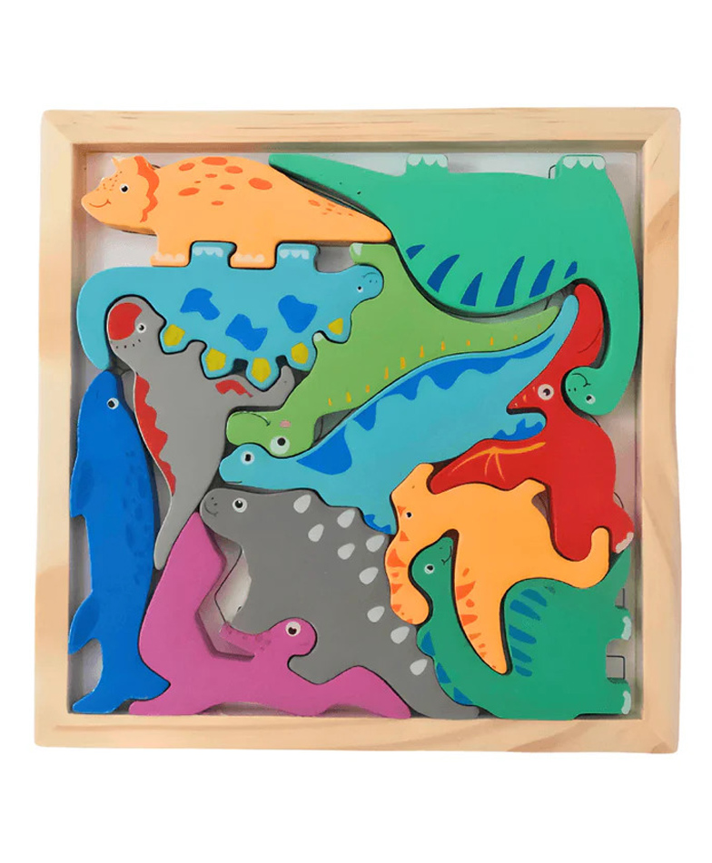 Urbane Chic Dinosaur Design Wooden Jigsaw Puzzle for Kids Shapes Toys - 12 Pieces-Multicolor-picture-32