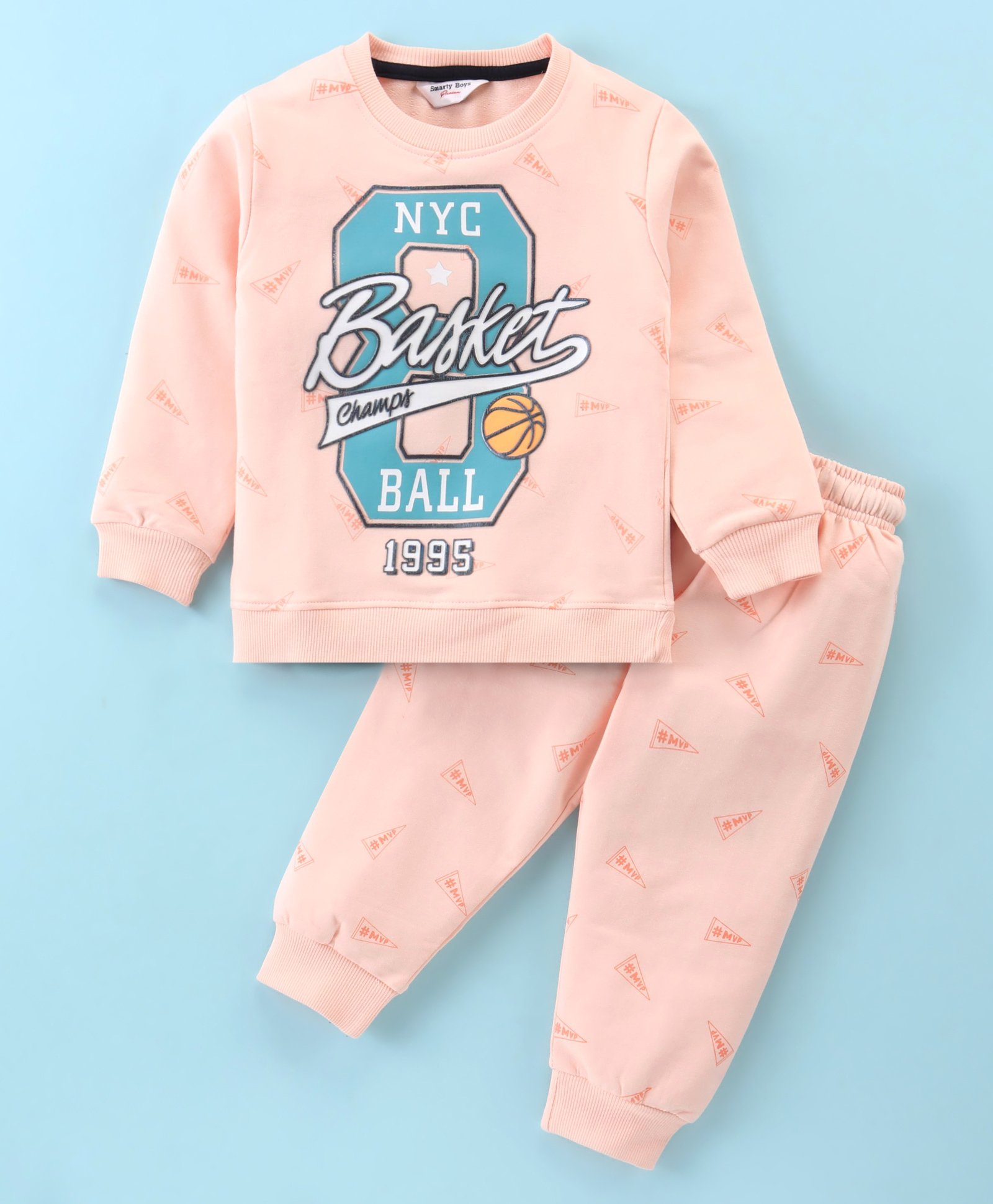 Smarty Boys Premium Looper Lycra Cotton Full Sleeves T-Shirt & Lounge Pants Set With Basketball Print - Light Peach-image-48
