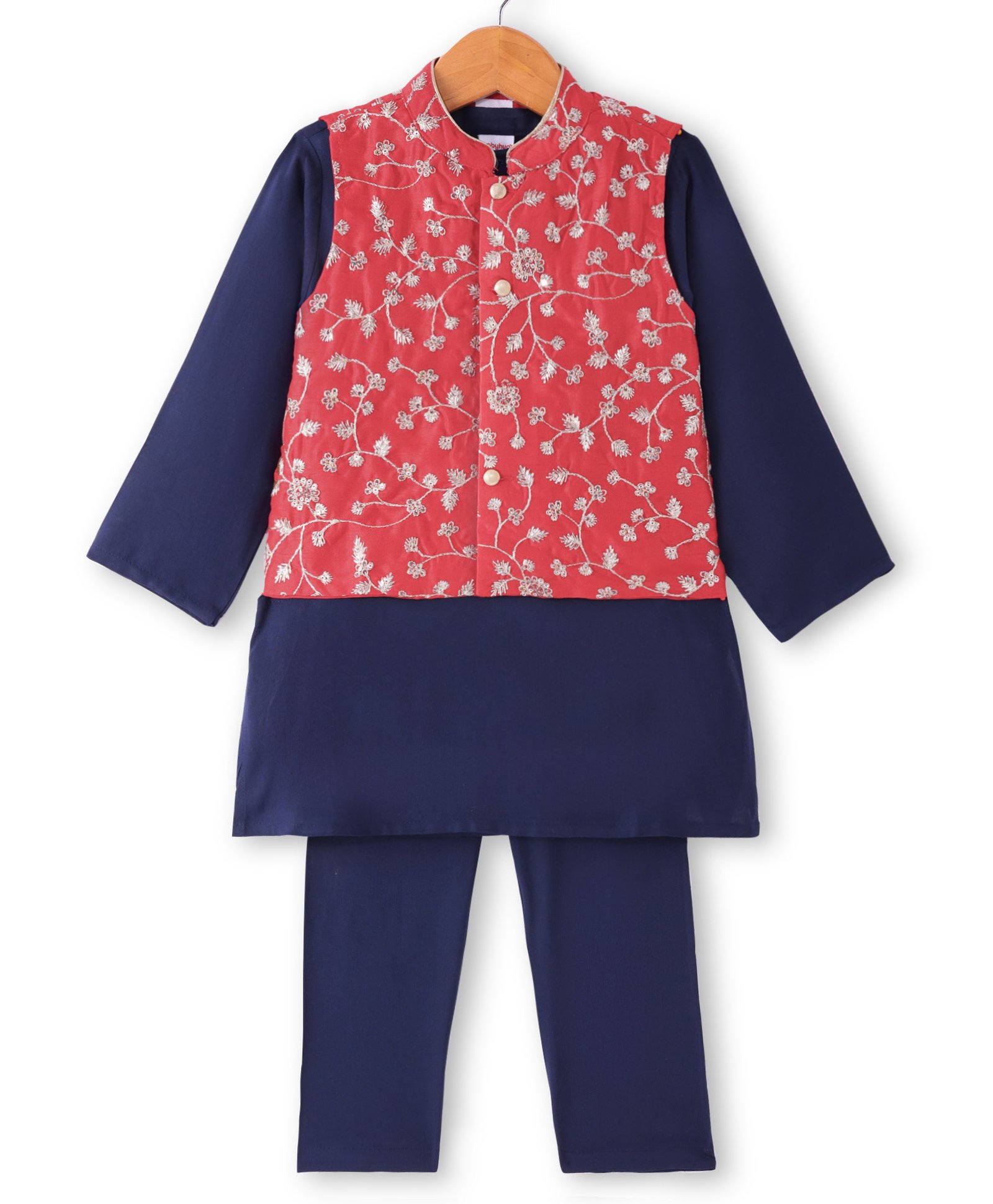 Babyhug Woven Full Sleeves Solid Kurta Pyjama Set With Embroidered Jacket - Navy Blue-picture-18