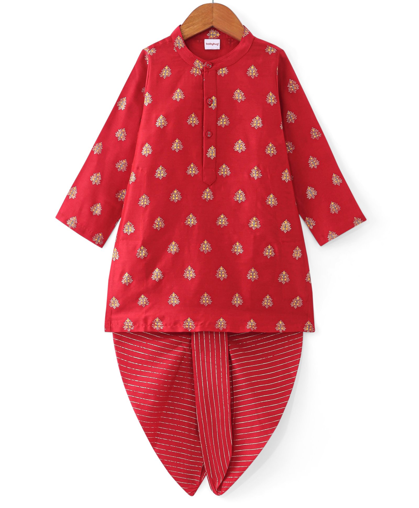 Babyhug Woven Full Sleeves Floral Printed Kurta Dhoti Set - Red-image-18