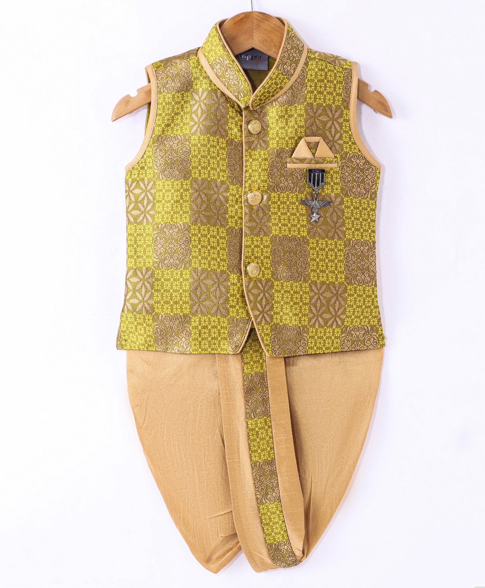 Dapper Dudes Sleeveless Ethnic Embroidered Checked Dhoti Kurta Set - Green-image-39