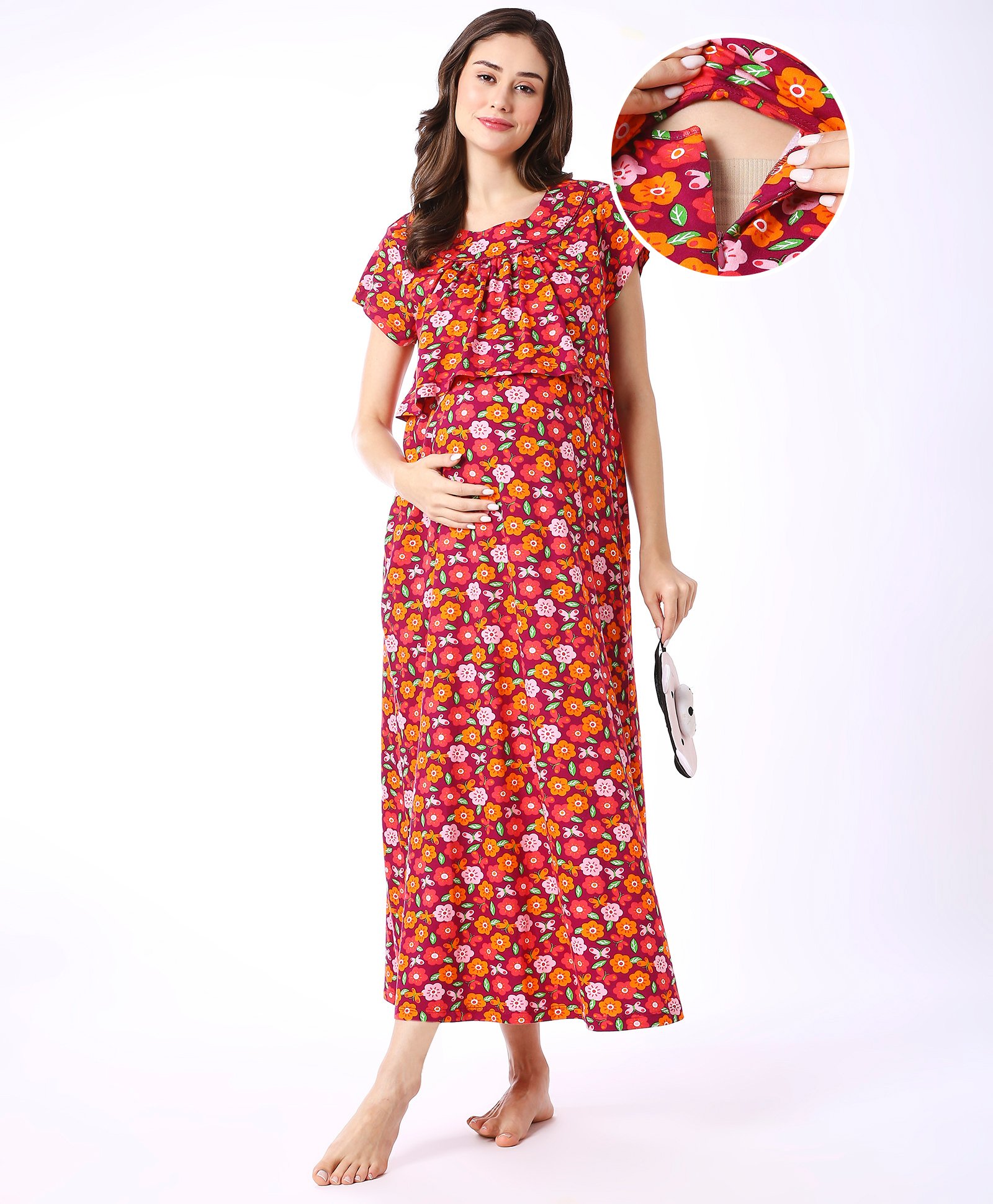 Bella Mama 100% Cotton Knit Half Sleeves Concealed Zipper Nursing Nighty  with Pockets & Floral Print - Wine-picture-14