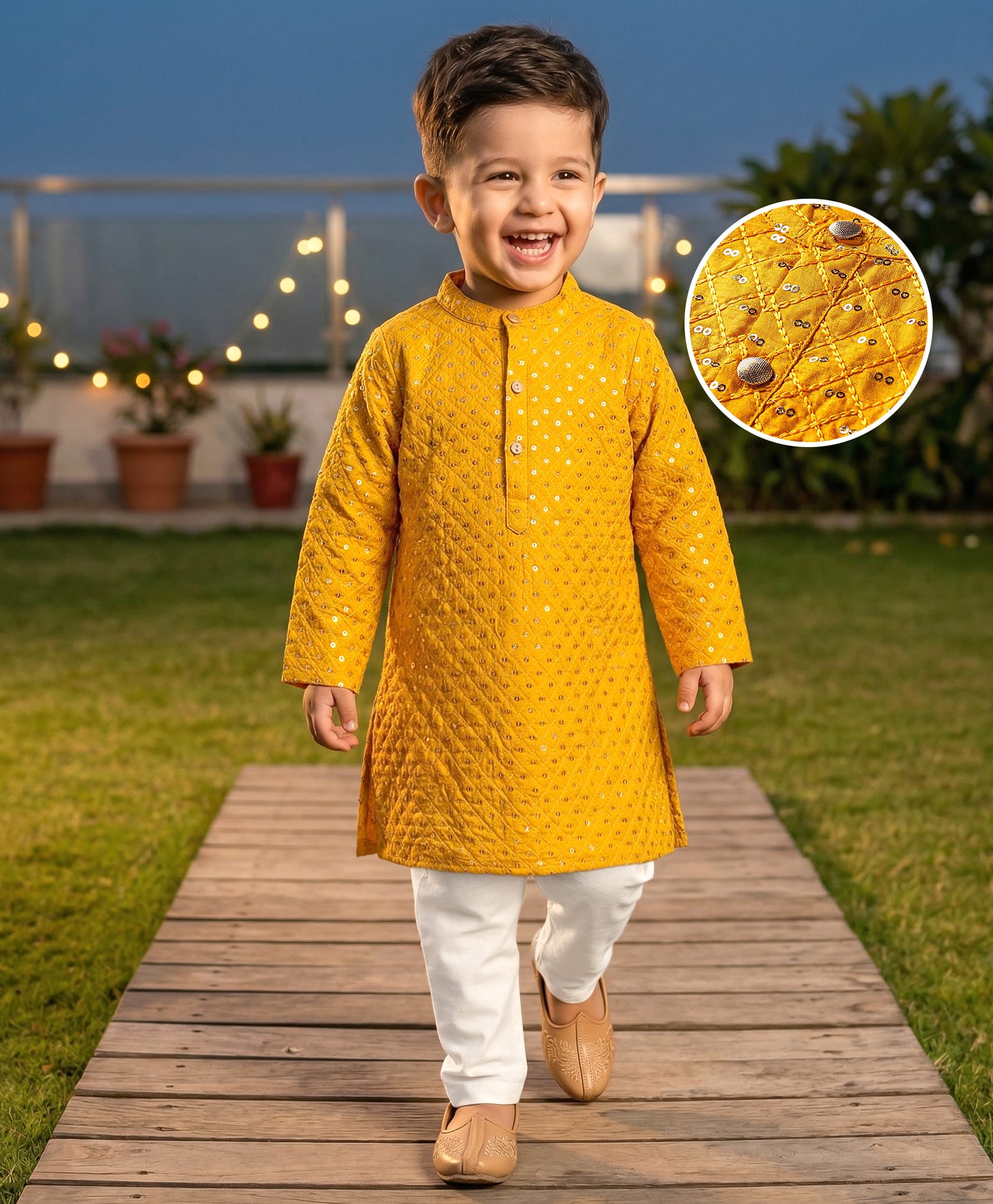 Babyhug Woven Full Sleeves Sequined Embroidered Kurta & Pyjama Set - Mustard-image-48