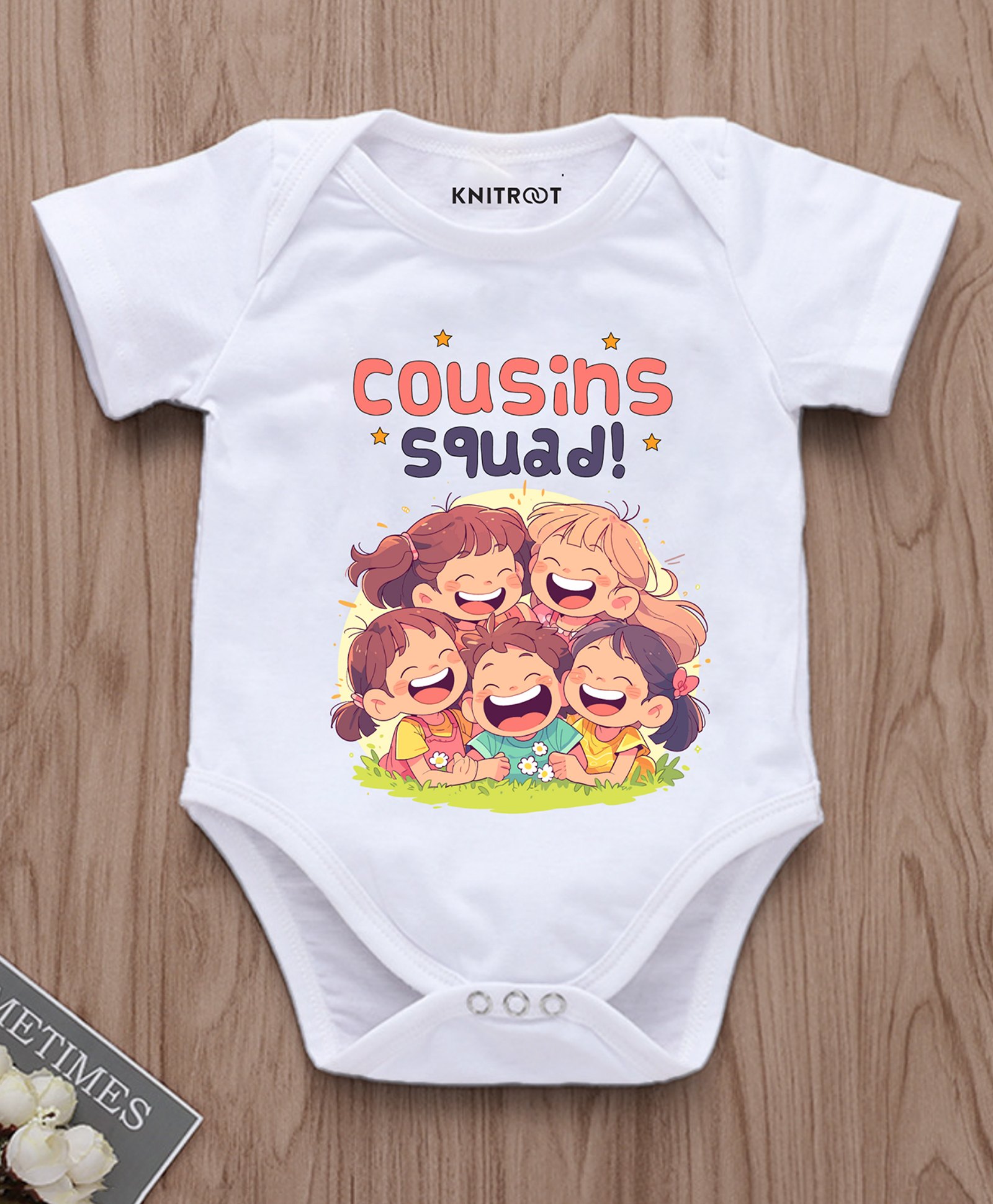 KNITROOT Half Sleeves Cousins Squad Text Printed Onesie - White-image-7