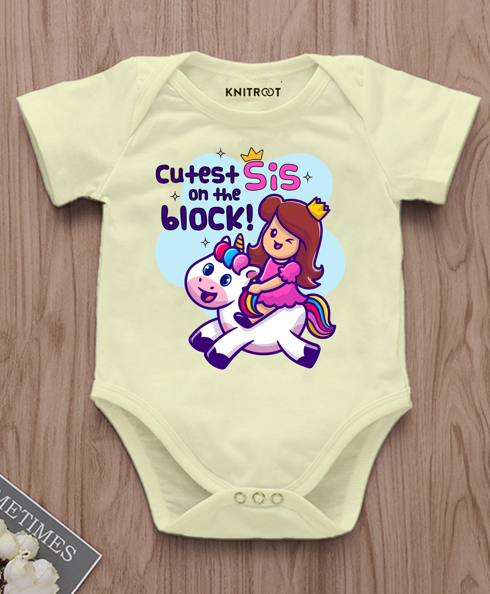 KNITROOT Half Sleeves Cute Sis Text Printed Onesie - Yellow-image-4