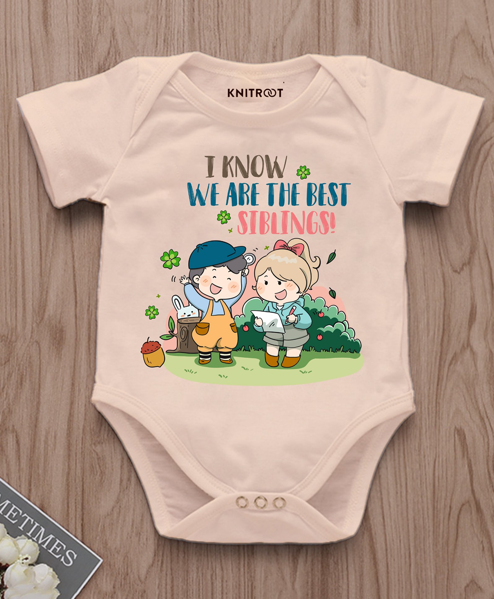 KNITROOT Raksha Bandhan Theme Half Sleeves I Know We Are The Best Sibling Text Printed Onesie - Peach-picture-11