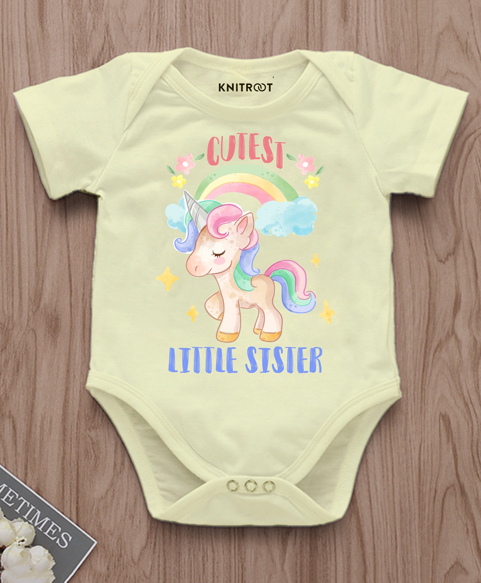 KNITROOT Raksha Bandhan Theme Half Sleeves Cutest Little Sister Text Printed Onesie - Yellow-image-9