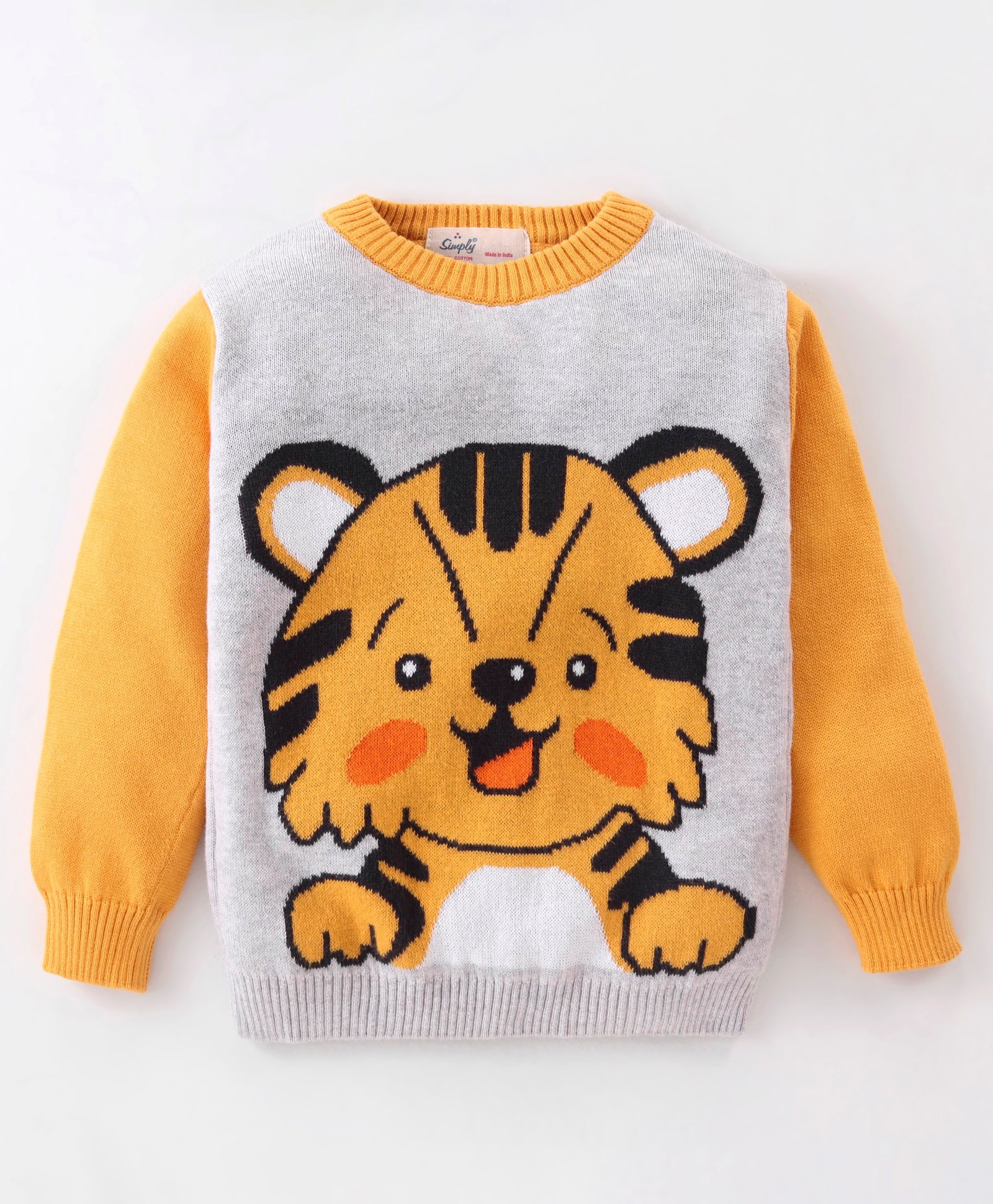 Simply Knitted Full Sleeves Pullover Sweater With Tiger Design - Yellow-image-7