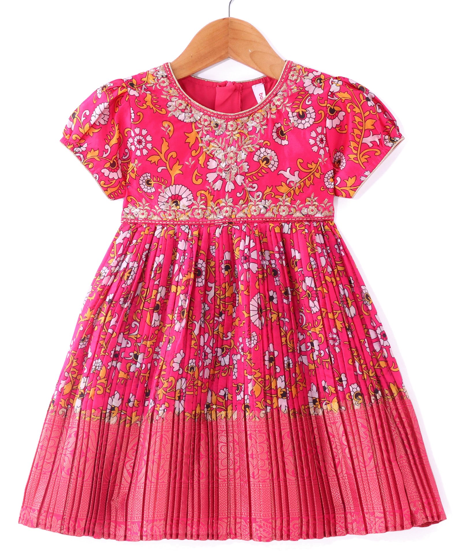 Babyhug Woven Short Sleeves Floral Printed & Embroidered Pleated Ethnic Dress - Dark Pink-image-20