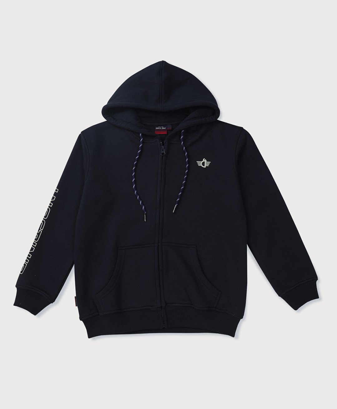 GINI & JONY Cotton Knit Full Sleeves Hooded Sweatjacket With Kangaroo Pockets & Logo Print - Navy Blue-picture-17