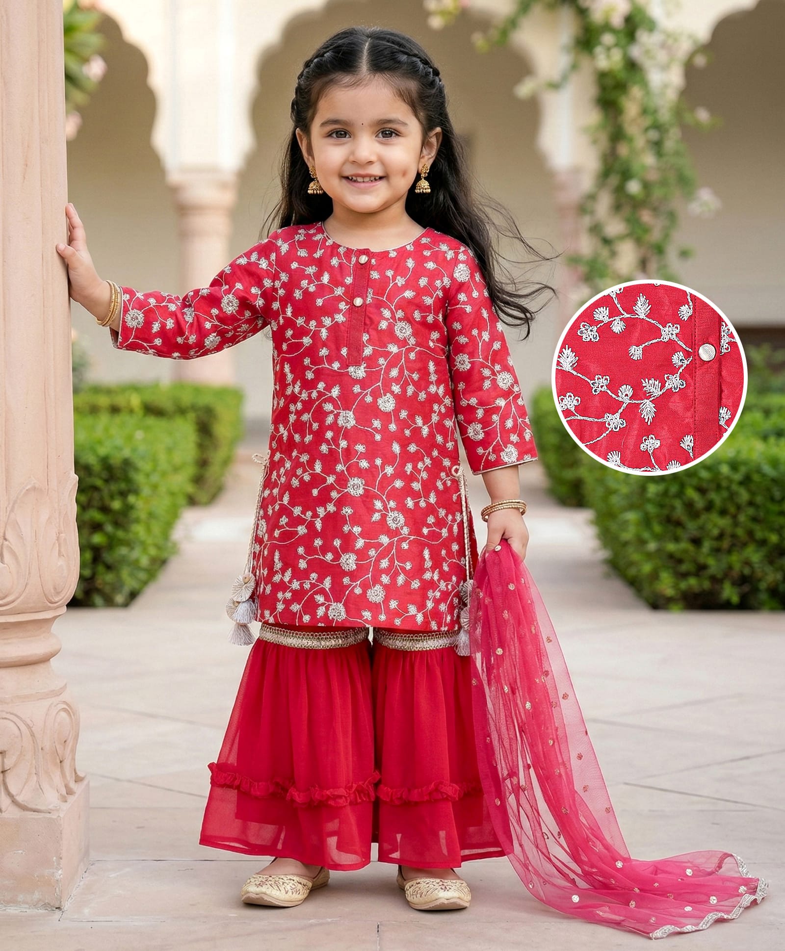 Babyhug Woven Three Fourth Sleeves Embroidered Kurti Gharara & Dupatta Set with Tassle Detailing - Red-image-40