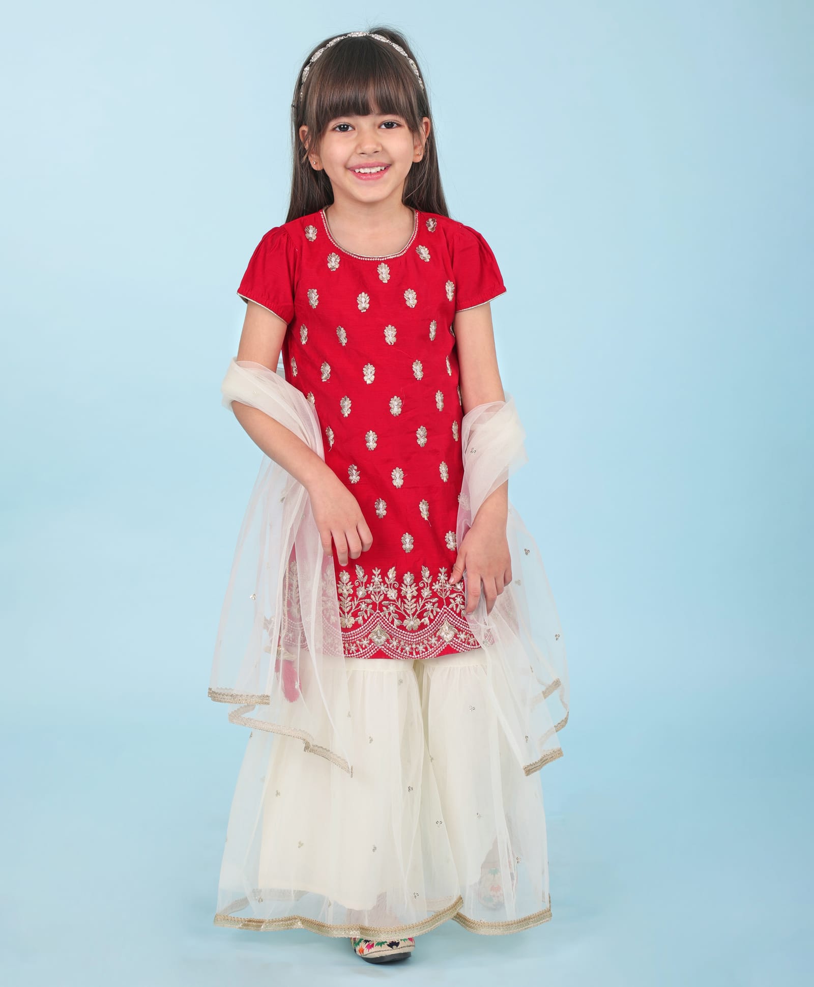Babyhug Woven Short Sleeves Chanderi Embroidered Kurti With Sequenced Net Embroidered Sharara & Dupatta Set  With Tassle Detailing - Red