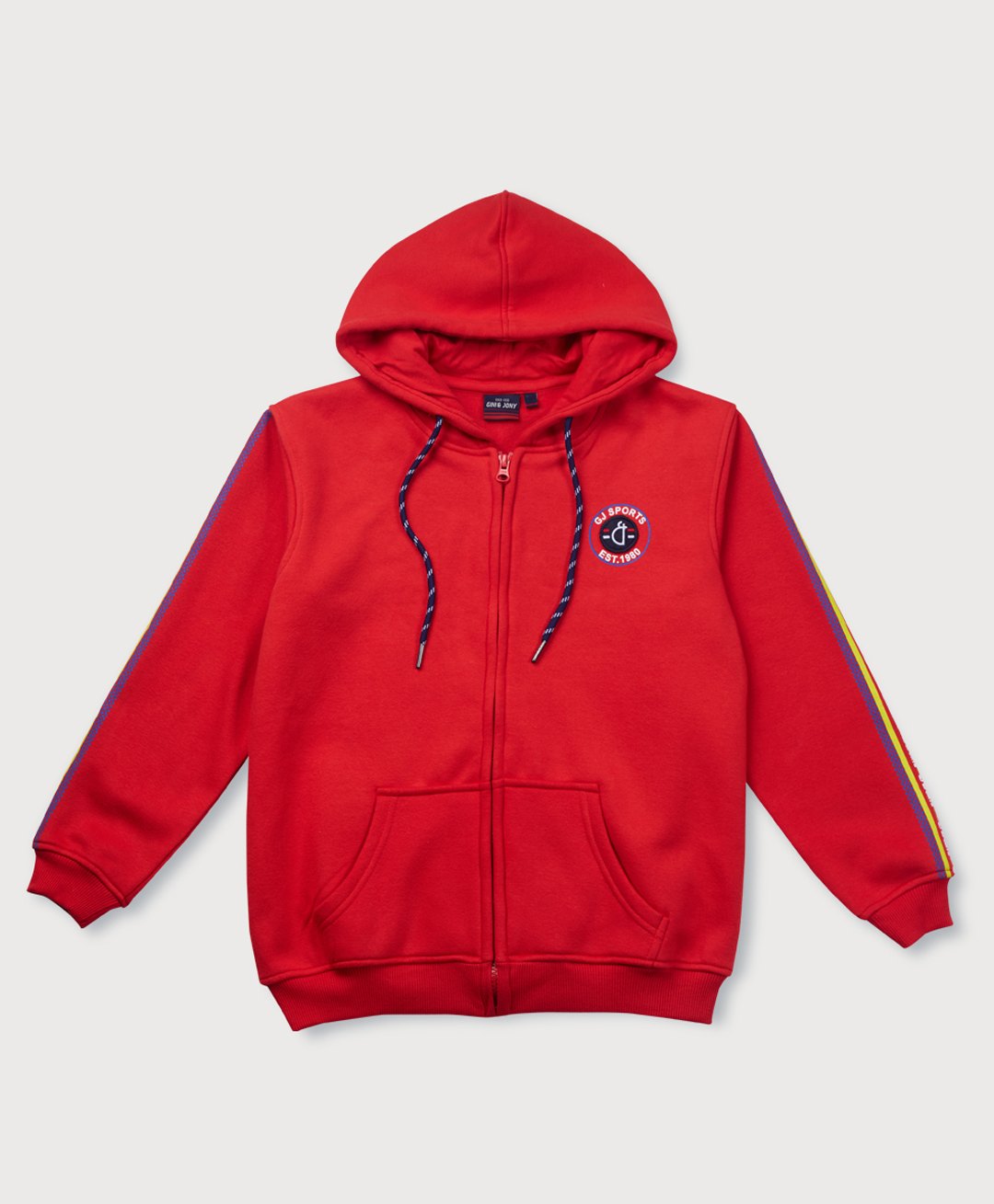 GINI & JONY Cotton Knit Full Sleeves Front Open Hooded Sweatshirt With Brand Name Print - Red-picture-24