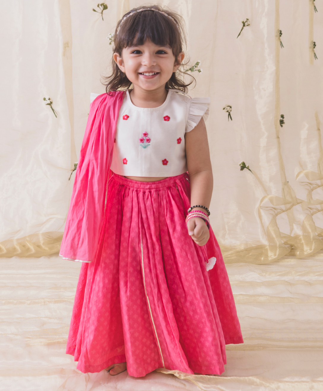 Tiber Taber Frill Sleeves Floral Embroidered Lehenga Choli With Dupatta - Pink-picture-9