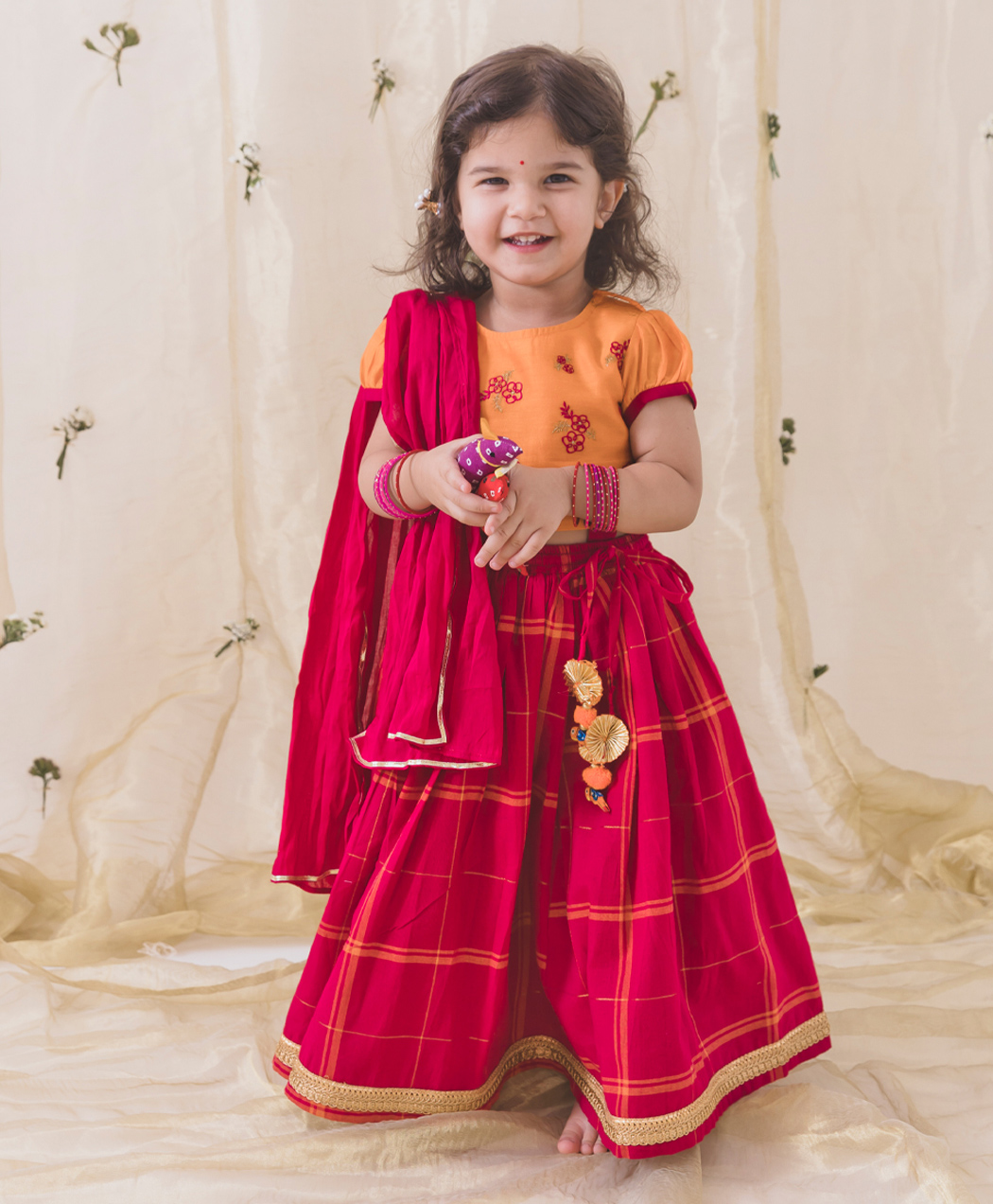 Tiber Taber Half Sleeves Floral Embroidered & Checked Lehenga Choli With Dupatta - Pink-picture-2