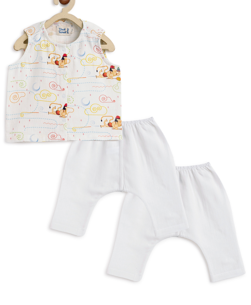 Tiber Taber Pack Of 3 Sleeveless Hanuman Printed Jhabla & Pyjamas Set - White-image-20