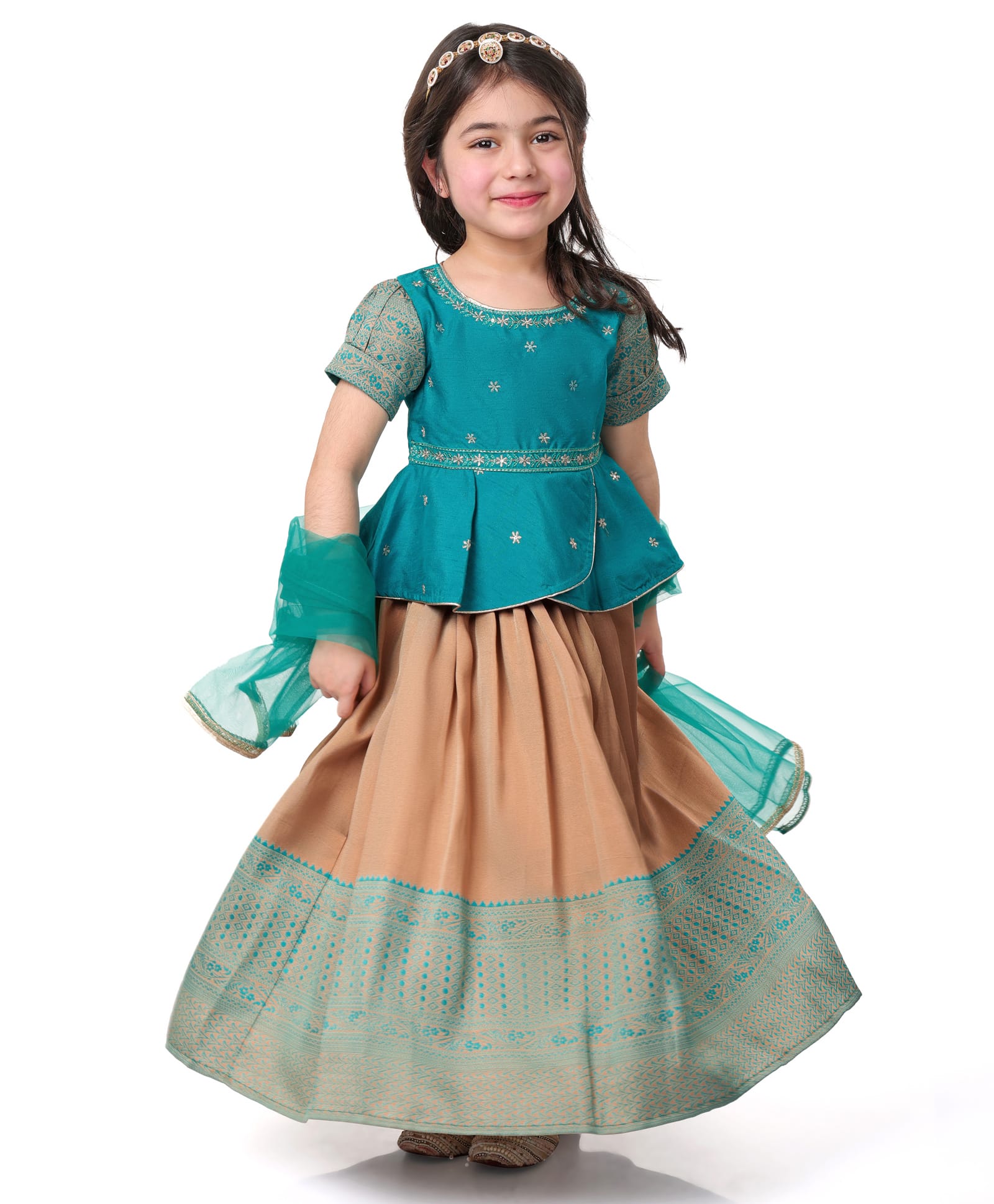 Babyhug Woven Short Sleeves Brocade Pattu Pavada Lehenga Choli & Dupatta Set with Floral Embroidery - Green-picture-21