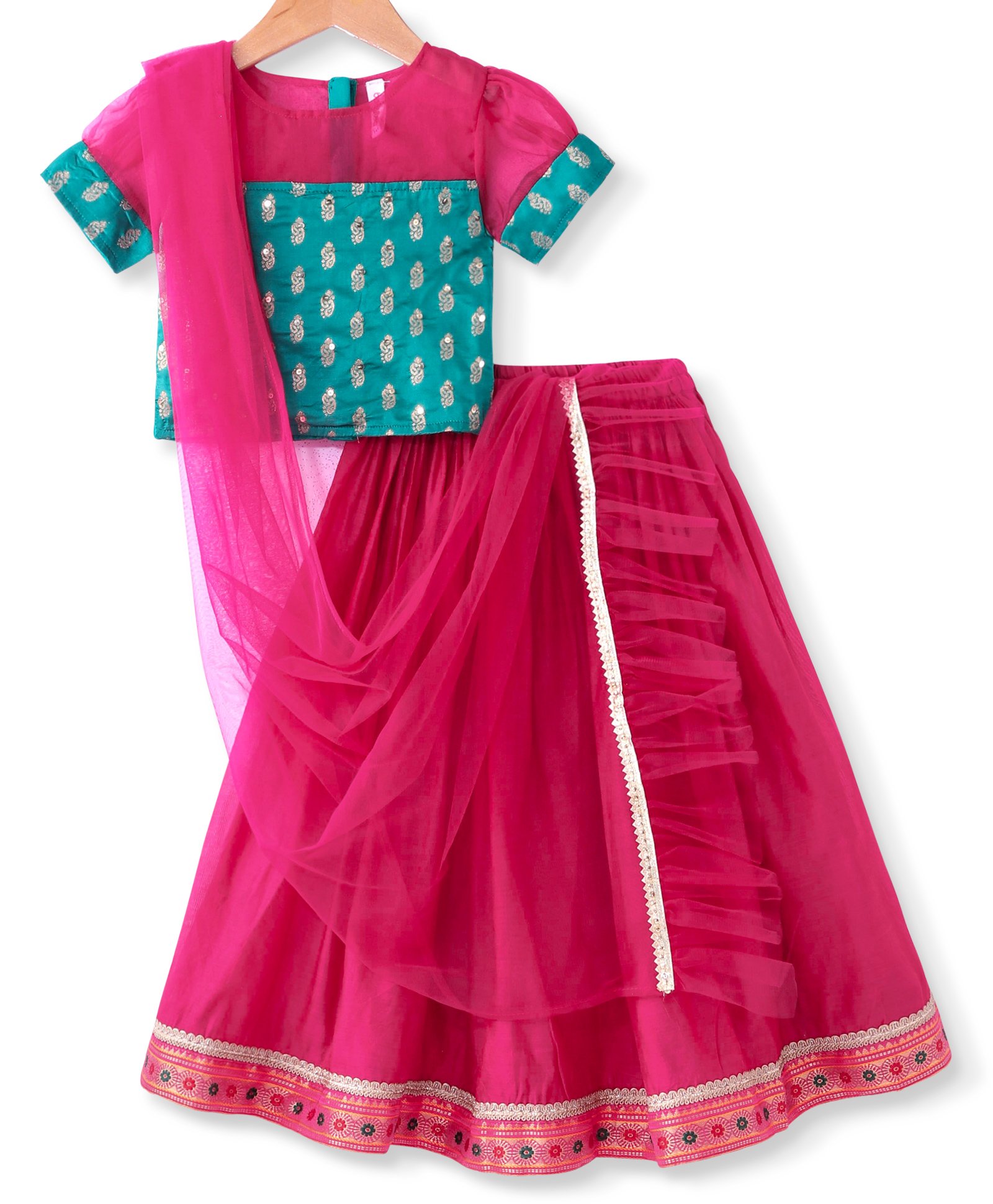Babyhug Woven Short Puffed Sleeves Brocade Pattu Pavada Lehenga Choli & Dupatta Set- Fuschia-image-45