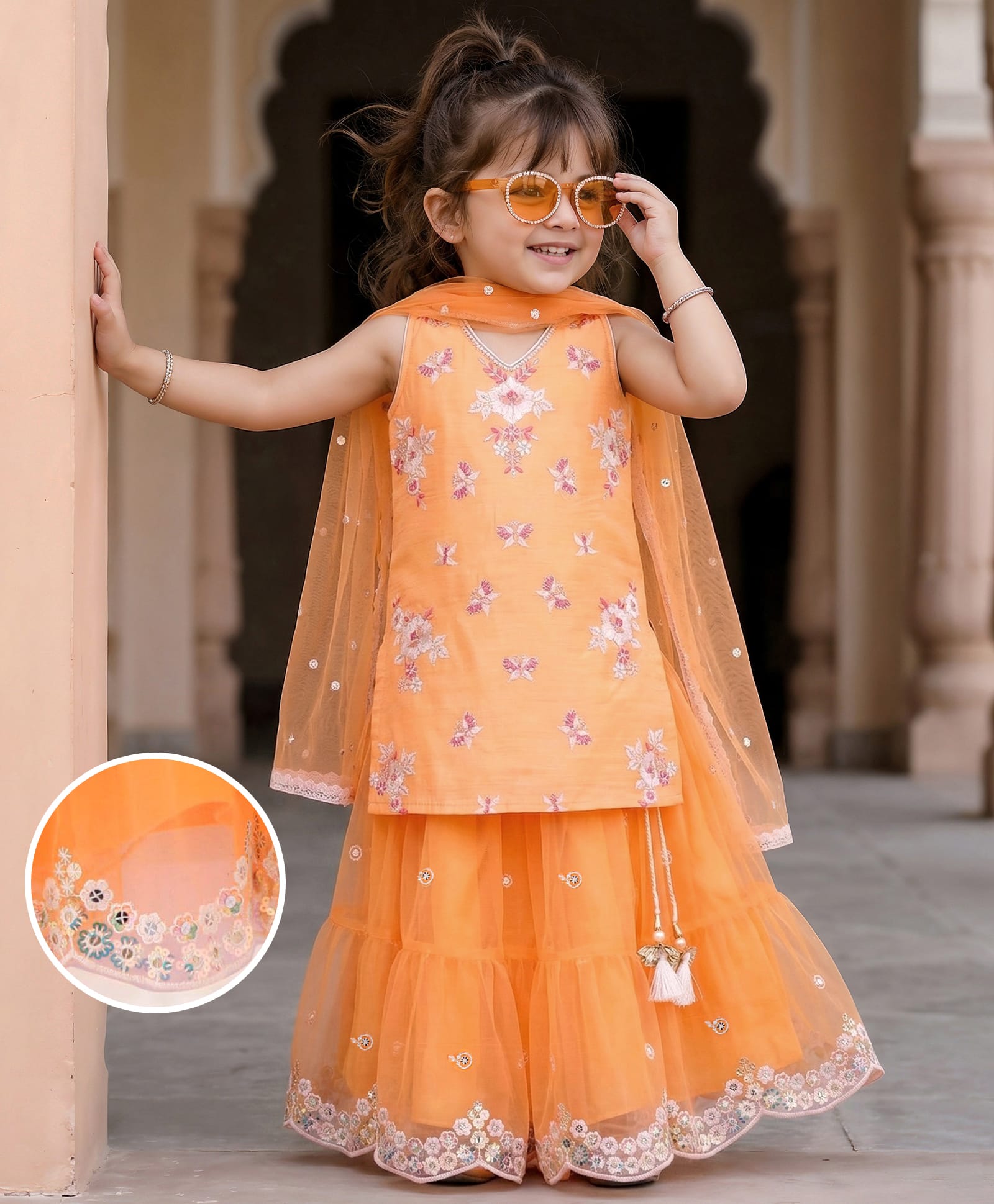 Babyhug Woven Sleeveless Halter Neck Sequinned & Floral Embroidered Choli With Net Lehenga and Dupatta - Orange-picture-11
