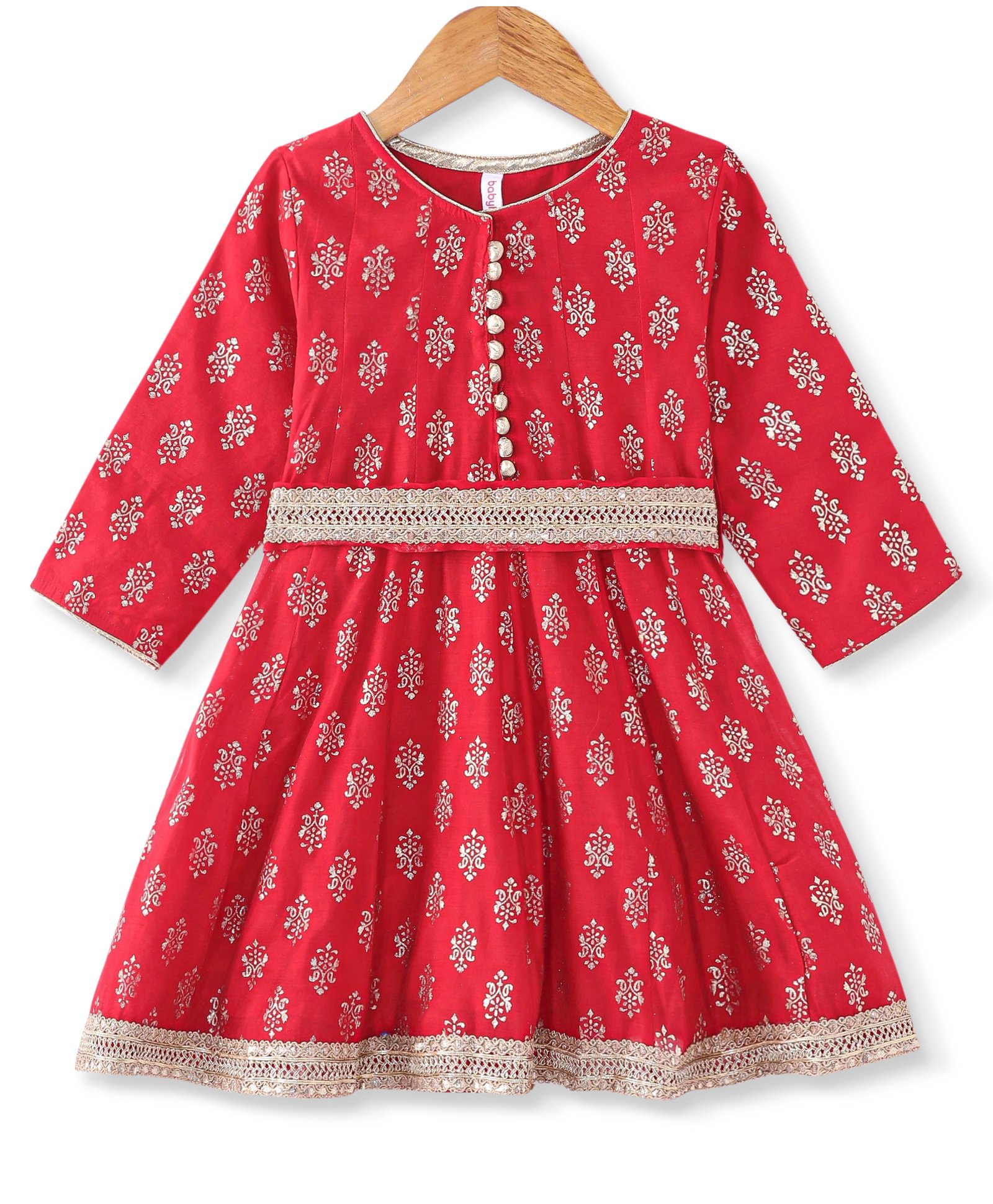 Babyhug Woven Three Fourth Sleeves Foil Printed Ethnic Dress - Red-image-27
