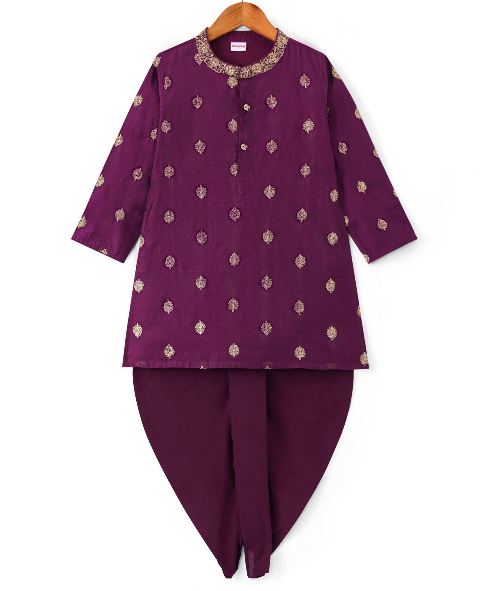 Babyhug Woven Full Sleeves Kurta Dhoti Set with Floral Embroidery - Purple-image-28