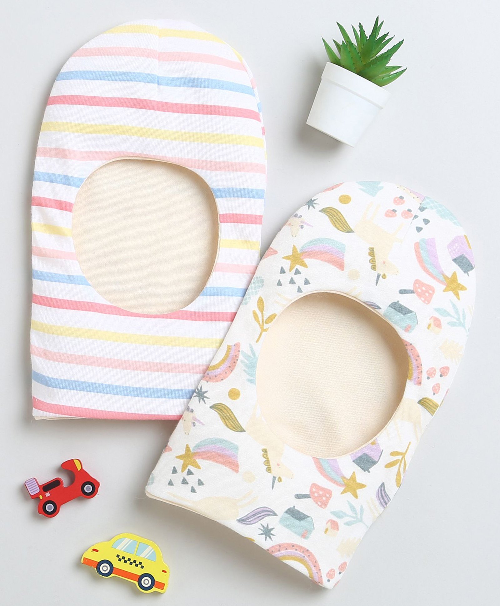 BUMZEE Interlock Pack Of 2 Unicorn & Striped Printed Monkey Caps - Cream-picture-28