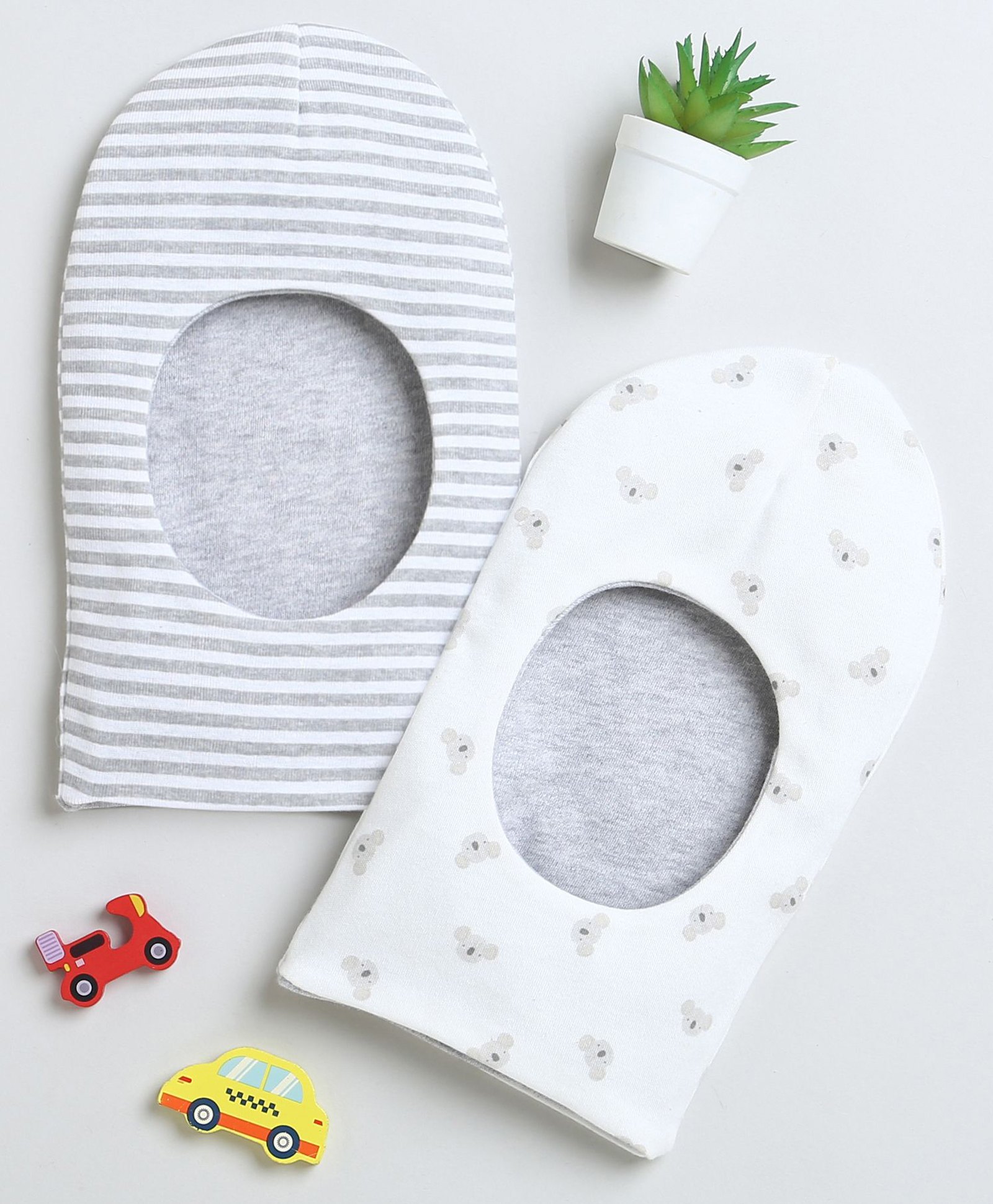 BUMZEE Interlock Pack Of 2 Bears & Striped Printed Monkey Caps - Grey & White-picture-30