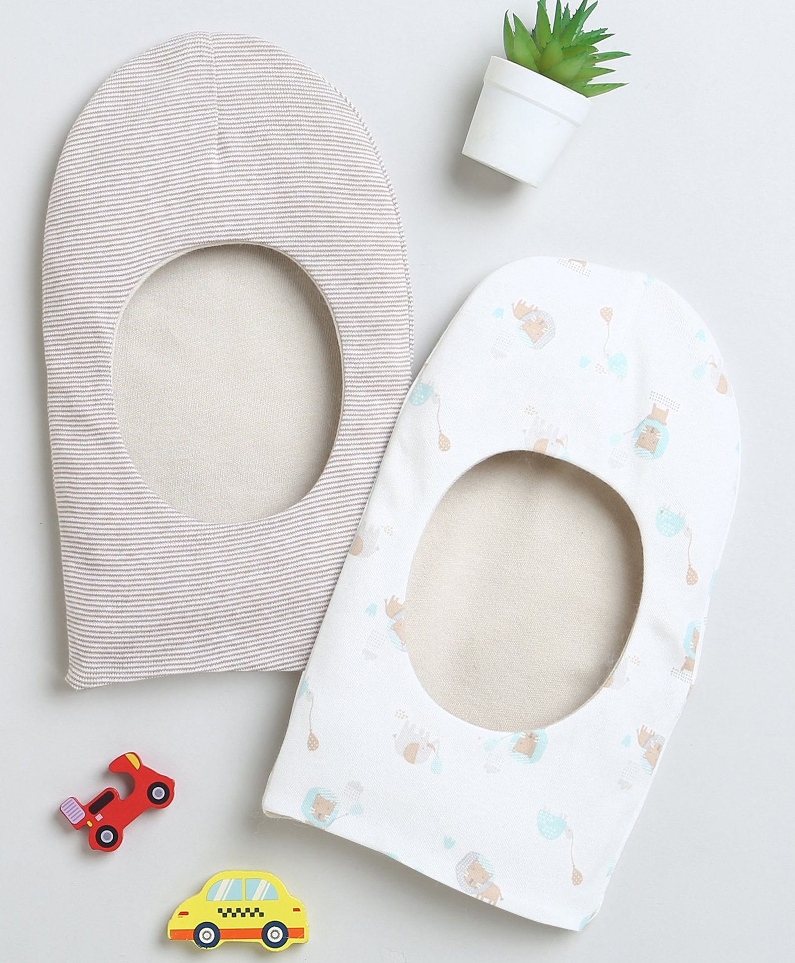 BUMZEE Interlock Pack Of 2 Striped & Animal Printed Monkey Caps - Beige & White