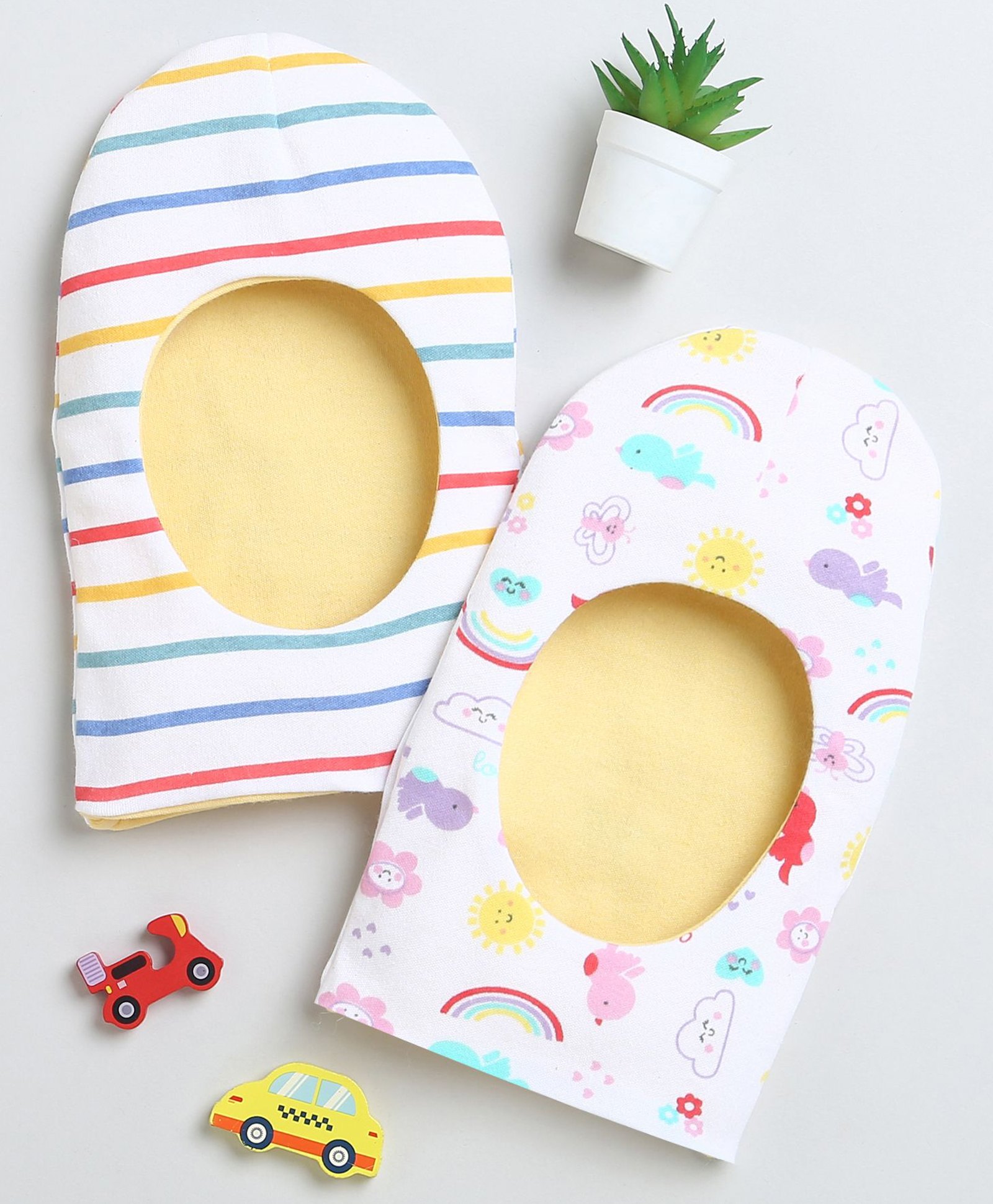 BUMZEE Interlock Pack Of 2 Striped & Rainbow Printed Monkey Caps  - White & Yellow-picture-25