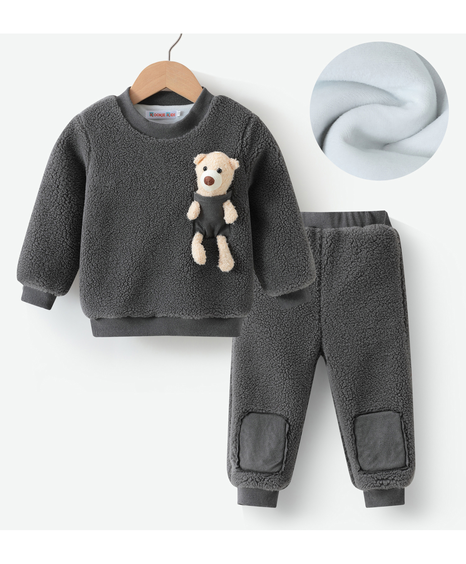 Kookie Kids Full Sleeves Winter Wear Suit With 3D Teddy Applique - Dark Grey-picture-25