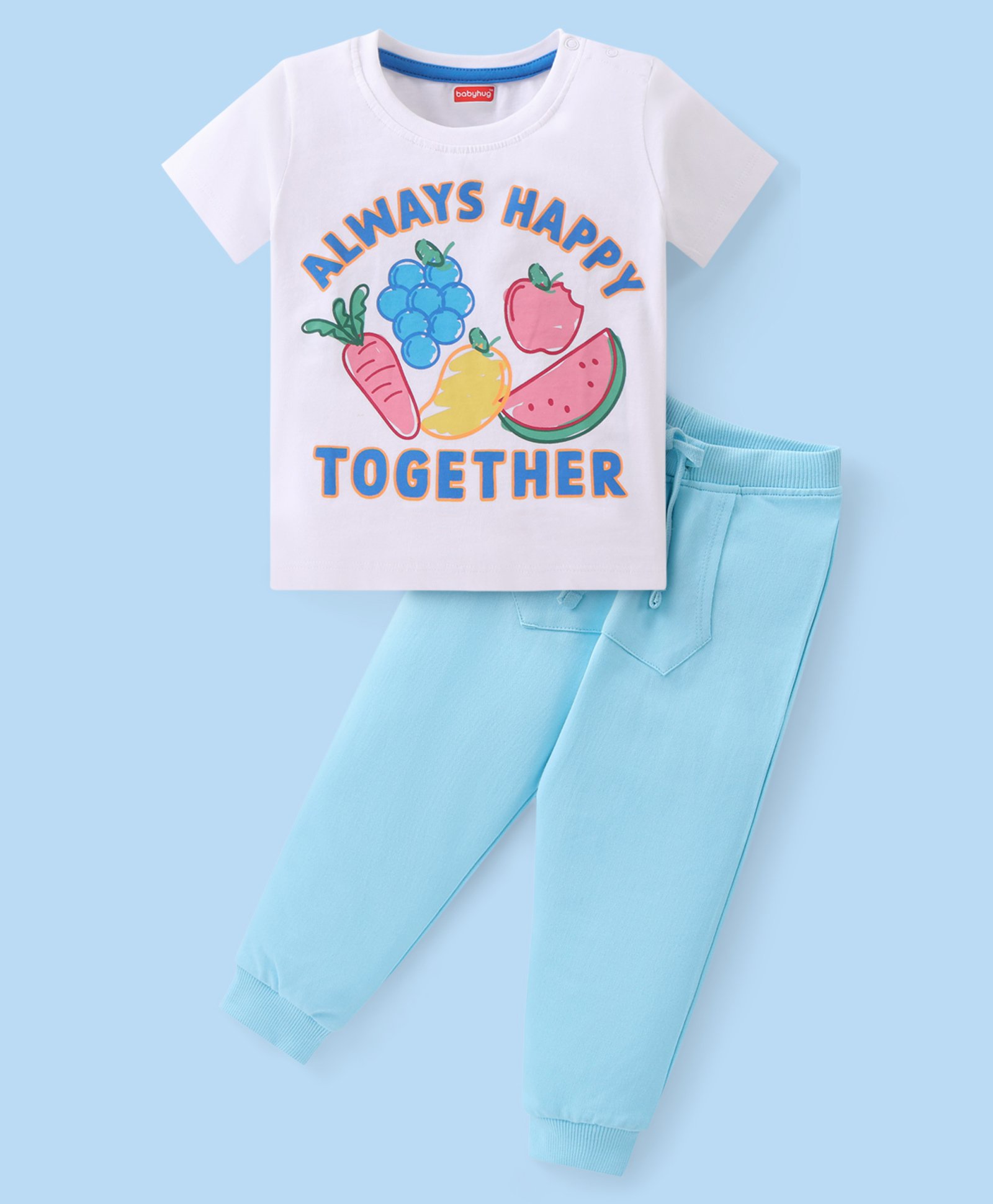 Babyhug Cotton Knit Half Sleeves T-Shirt & Lounge Pants Set With Fruits Print - White & Blue-image-41