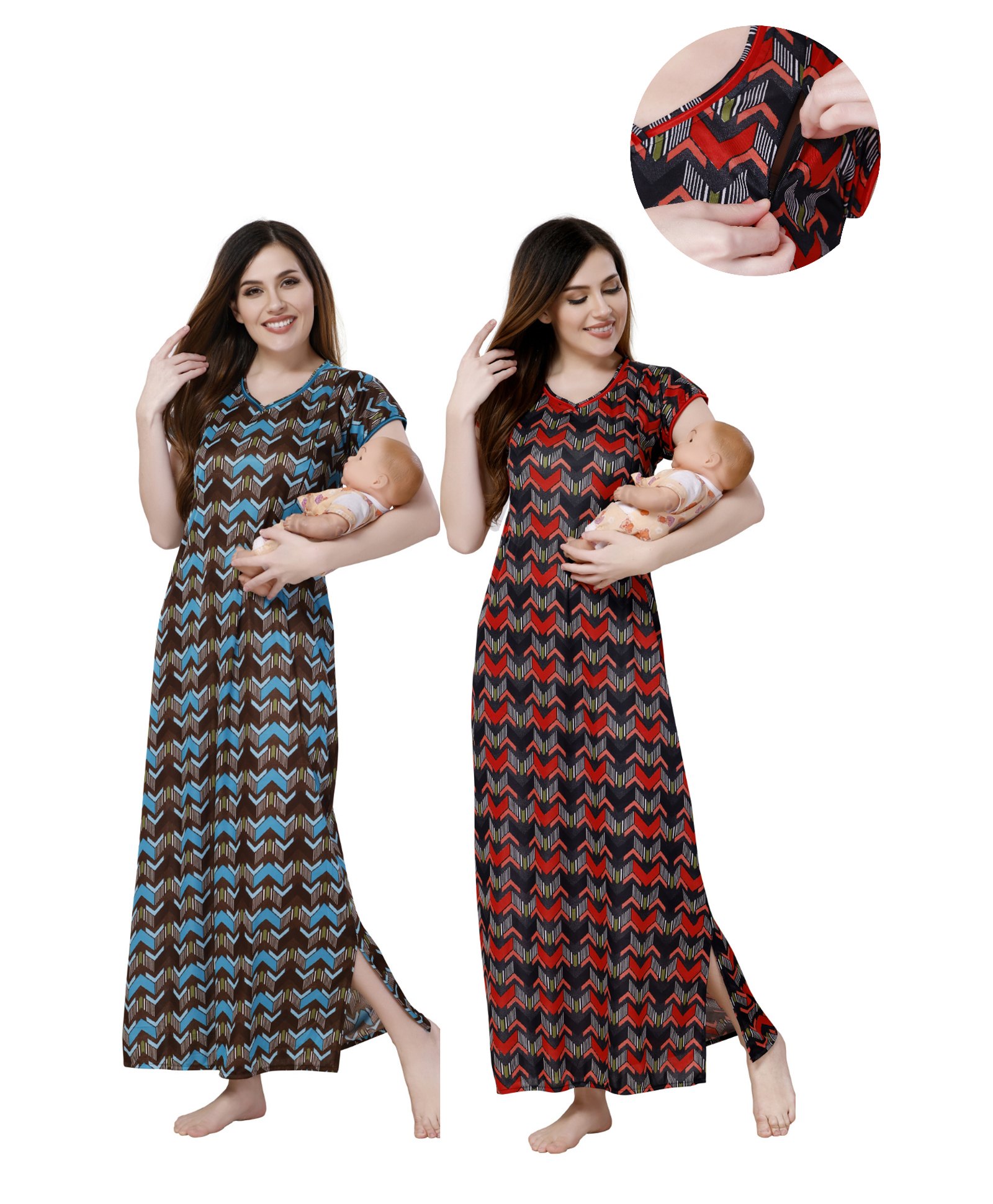 Piu Sinker Woven Pack of 2 Half Sleeves Abstract Printed Nighty With Concealed Nursing Access - Blue & Red-picture-16
