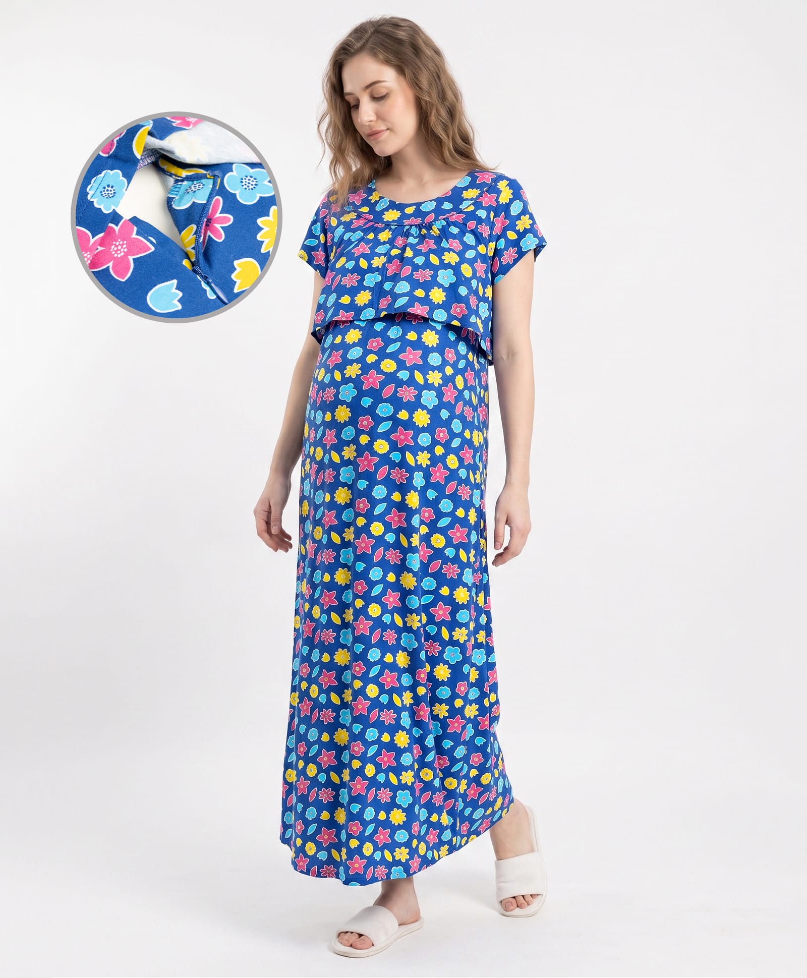 Bella Mama 100% Cotton Knit Half Sleeves Concealed Zipper Nursing Nighty  with Pockets & Floral Print - Royal Blue-picture-49